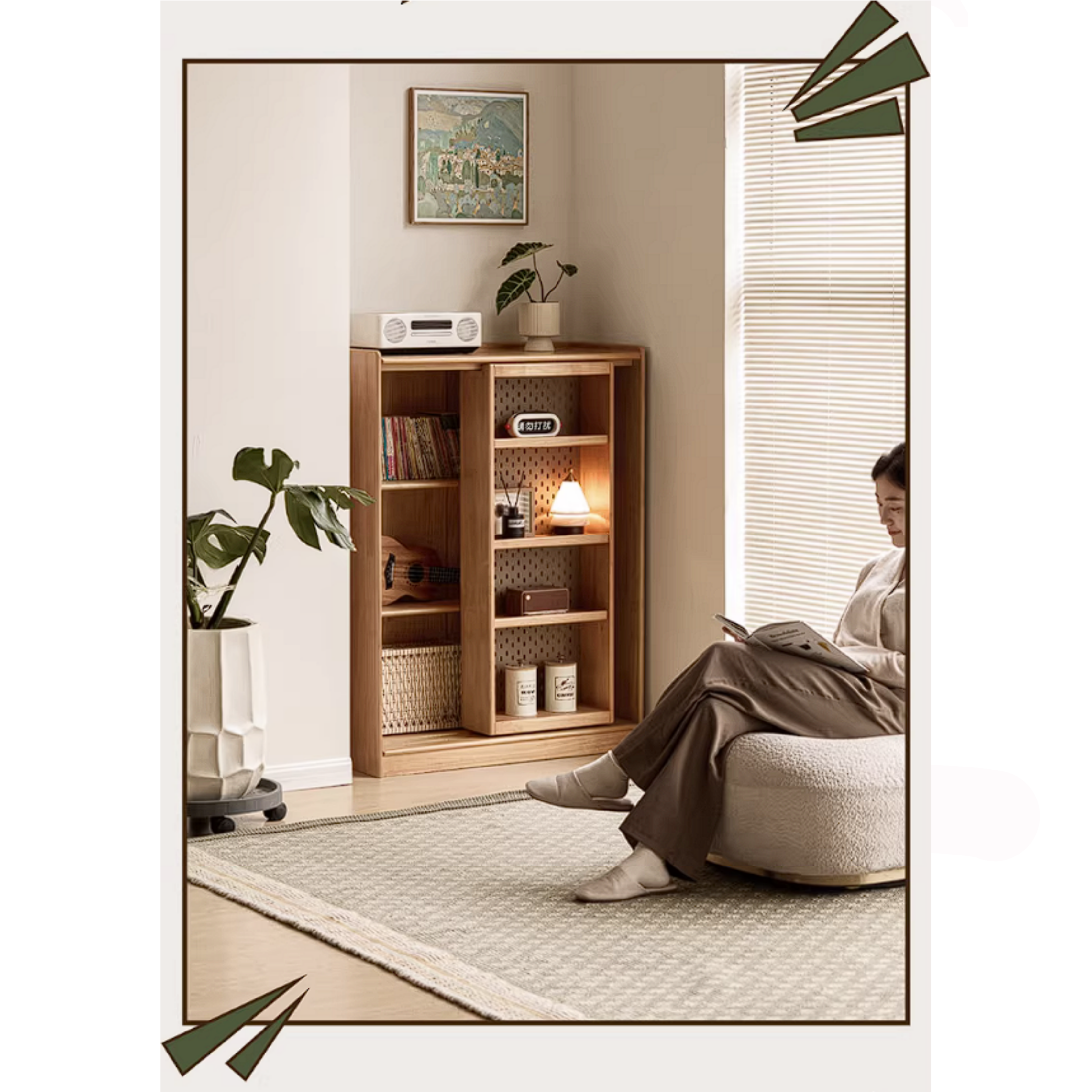 Rubberwood Solid Wood Bookshelf Floor-Standing Shelves and Sliding Doors