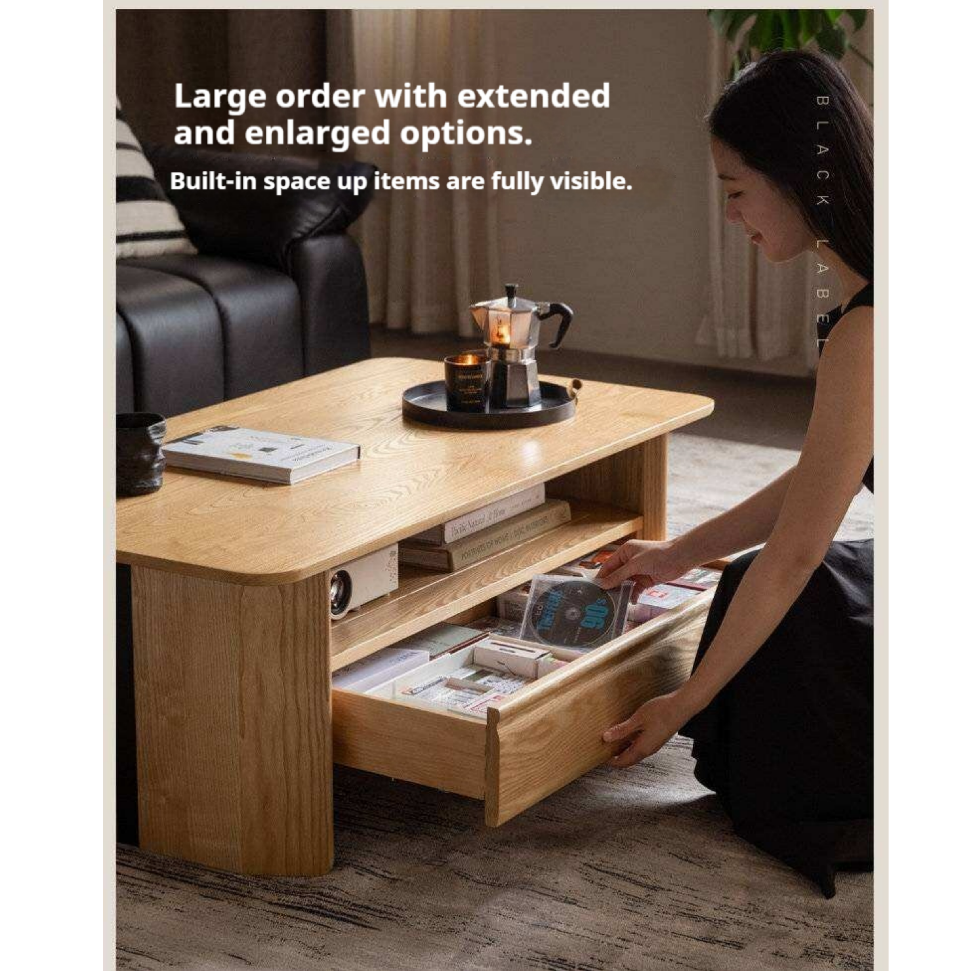 Ash Solid Wood Coffee Table with Two-Level Storage and Minimalist Design