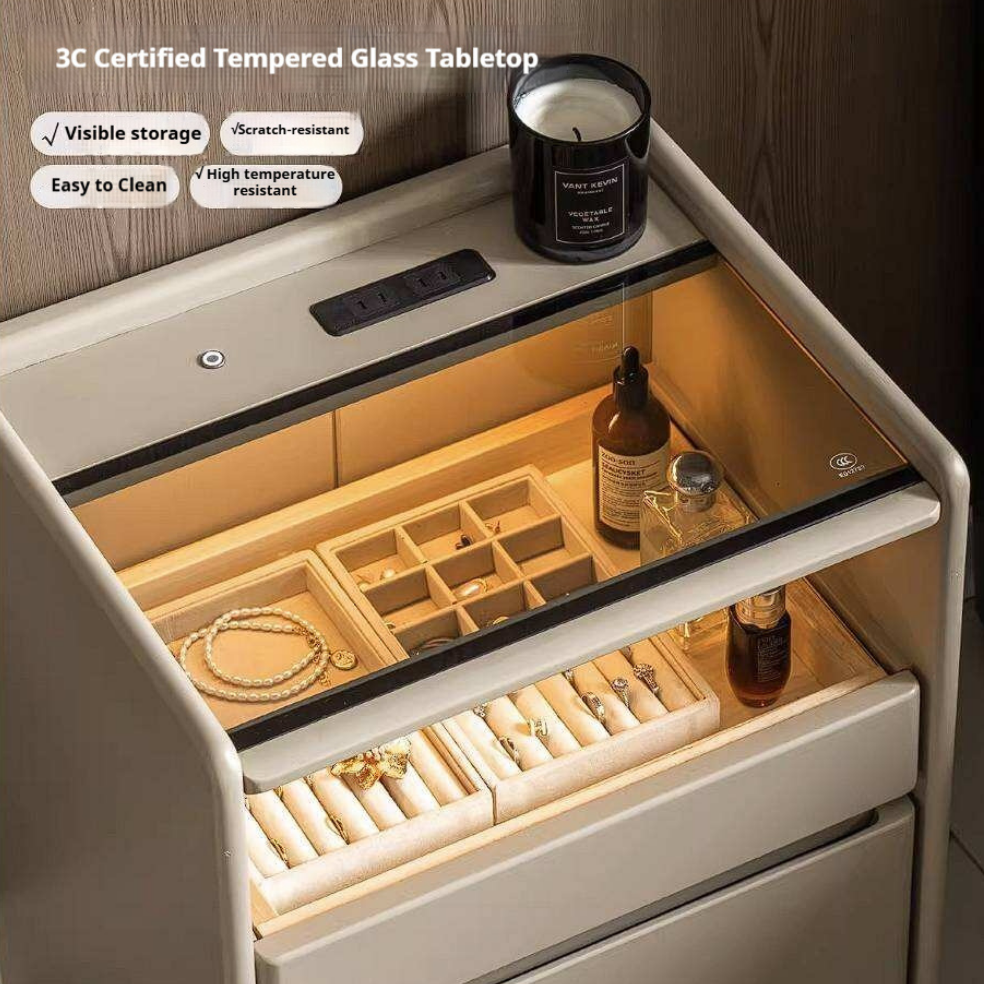 Rubberwood Solid Wood Taupe Nightstand with Tempered Glass Top, Built-In Outlet, and LED-Lit Organizer Drawer