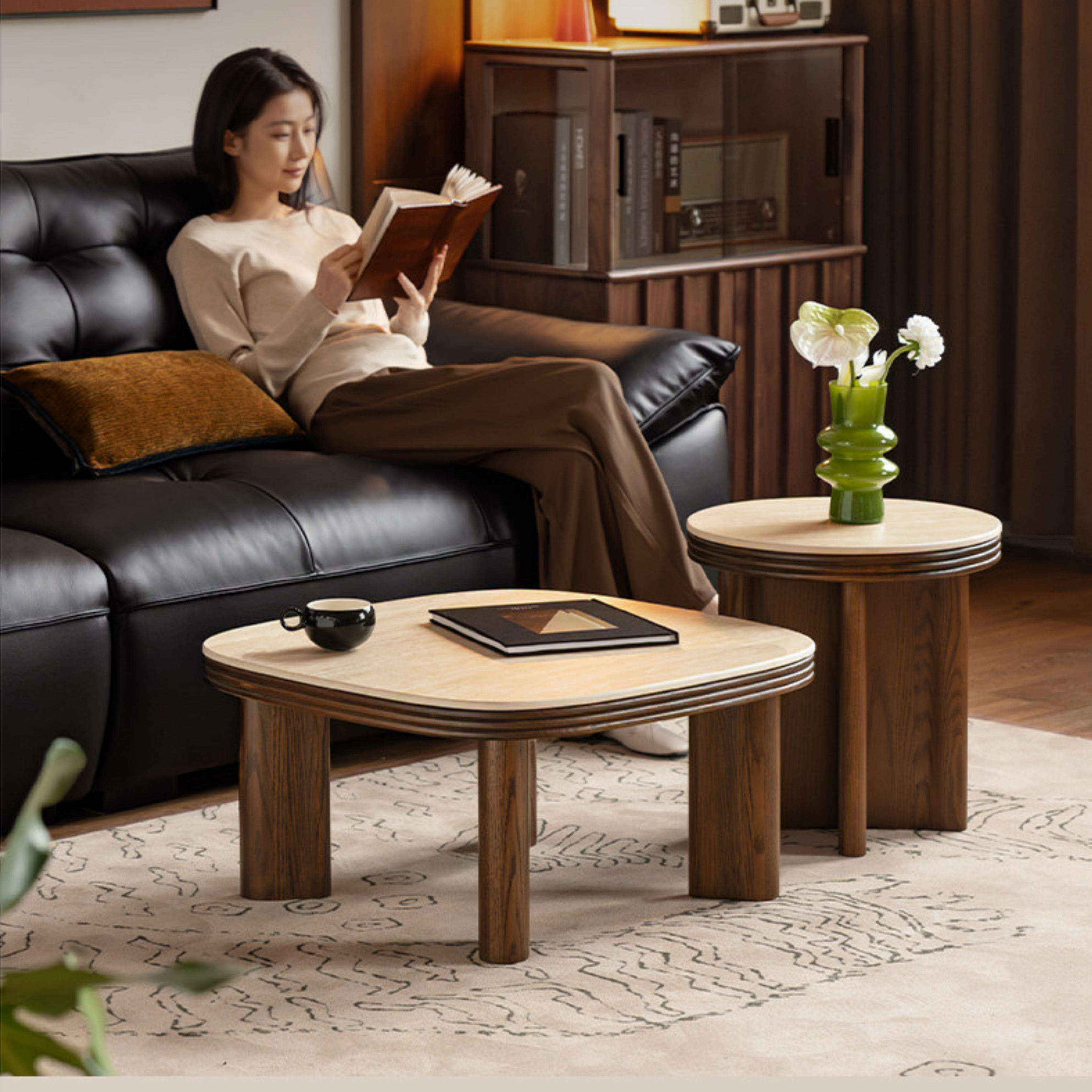 Oak Solid Wood Round Nesting Coffee Table with Stone Surface