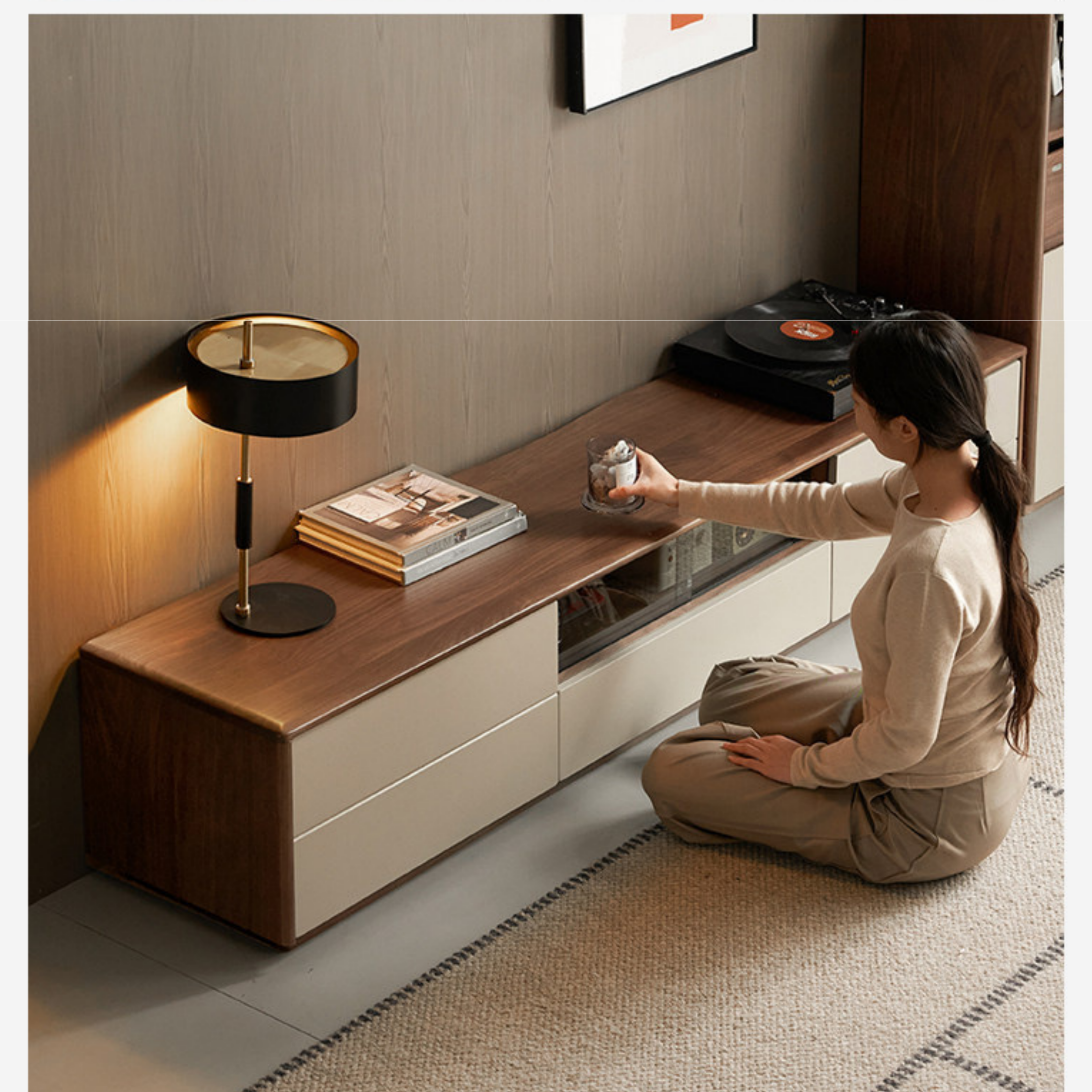 Black Walnut Solid Wood Low Profile TV Stand, Italian Modern Color Block Media Console with Storage