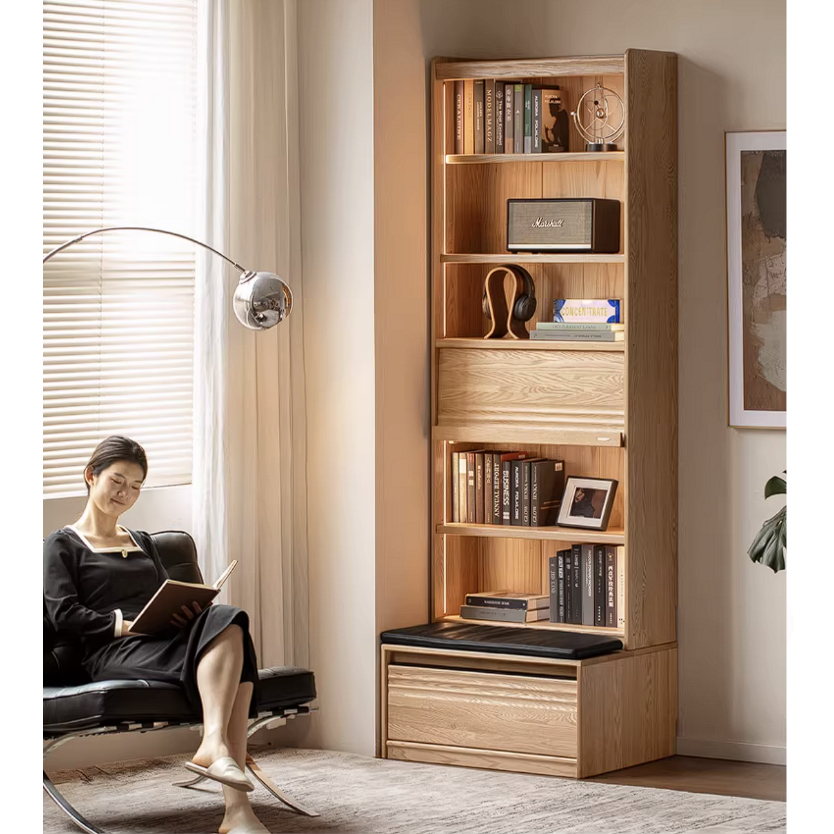 Oak Solid Wood Bookshelf with Integrated Booth Seating