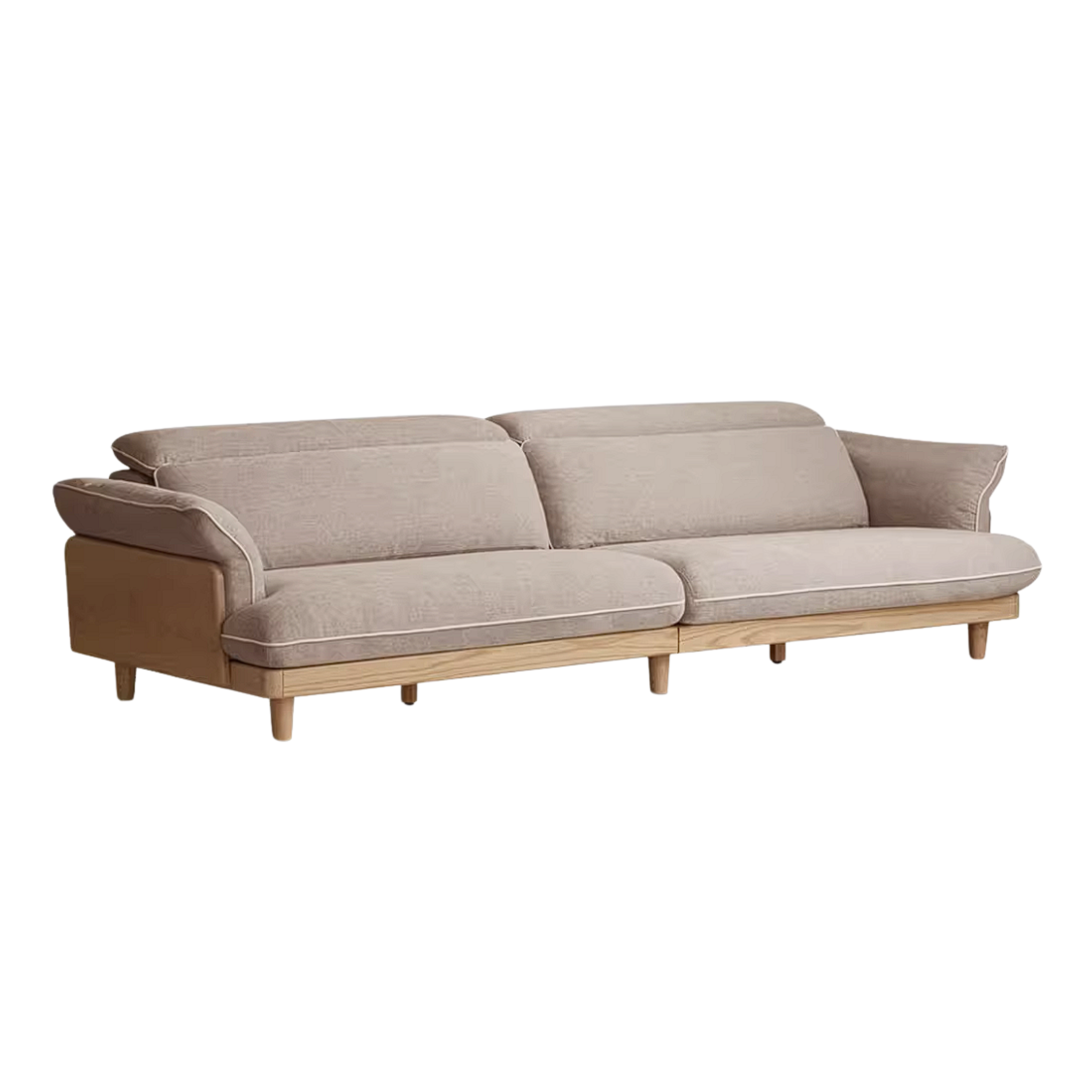 Oak Solid Wood High Back Chenille Sofa with Curved Arms