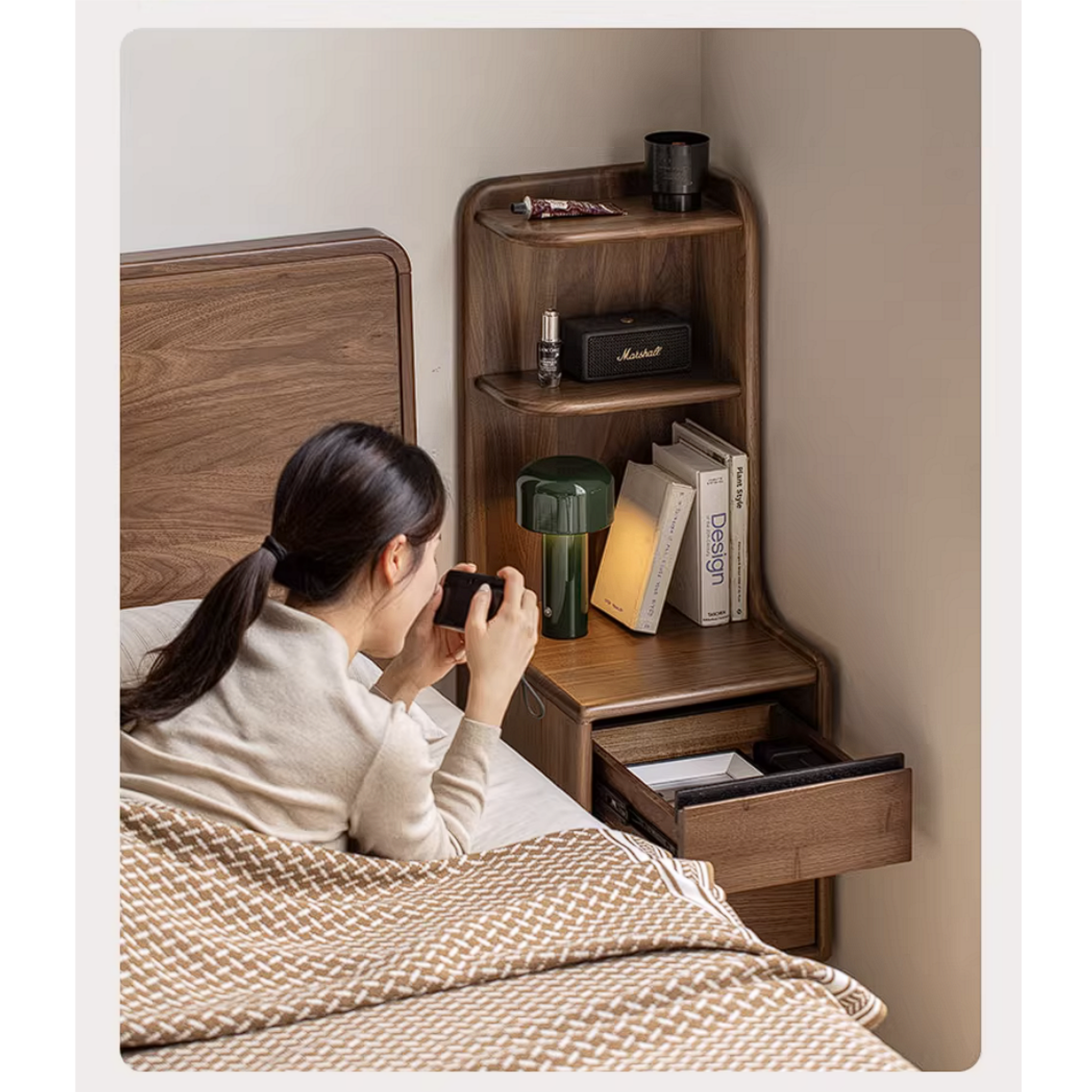Black Walnut Solid Wood Nightstand with Drawer and Open Shelf