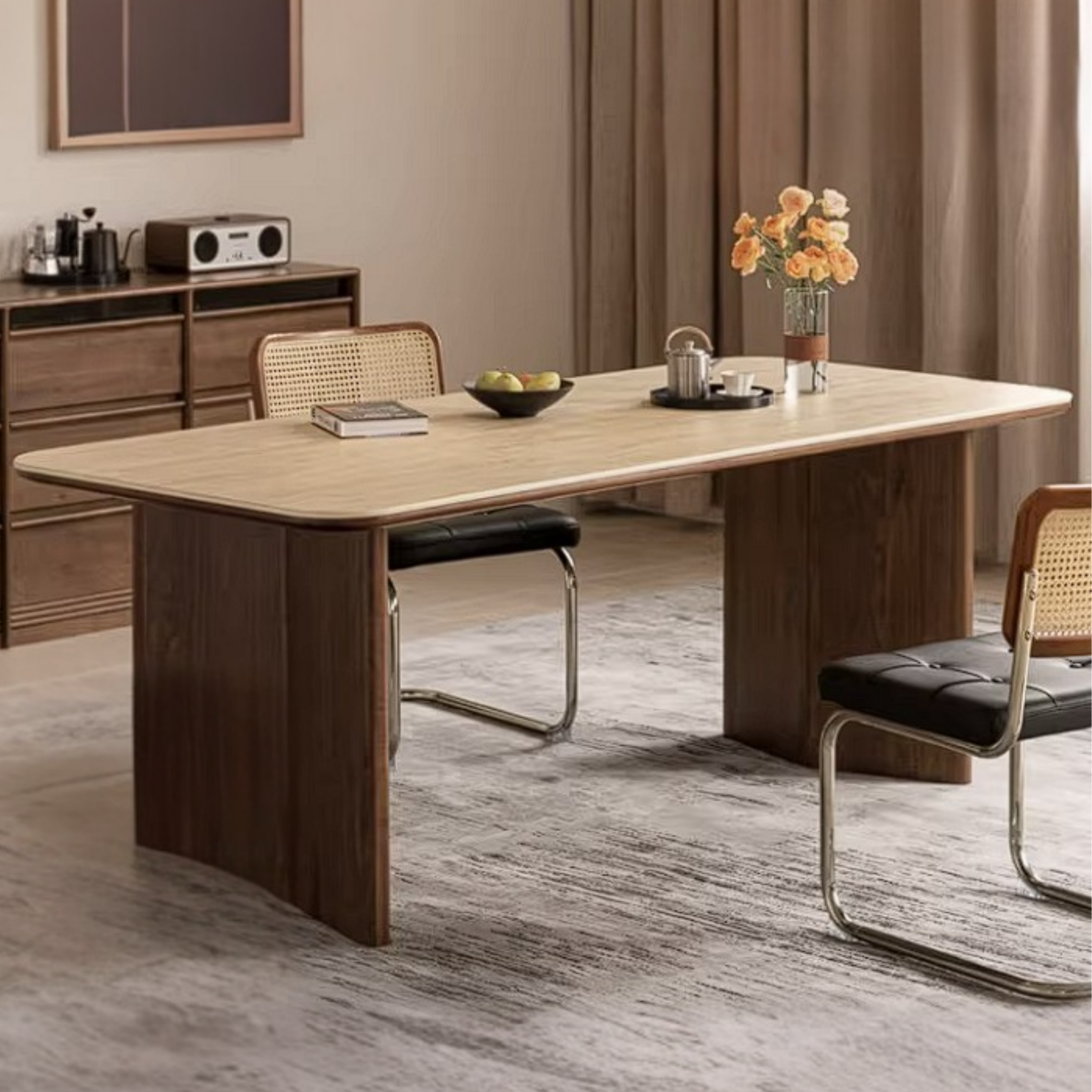 Black Walnut Solid Wood Trestle Dining Table with Stone Top and Panel Legs