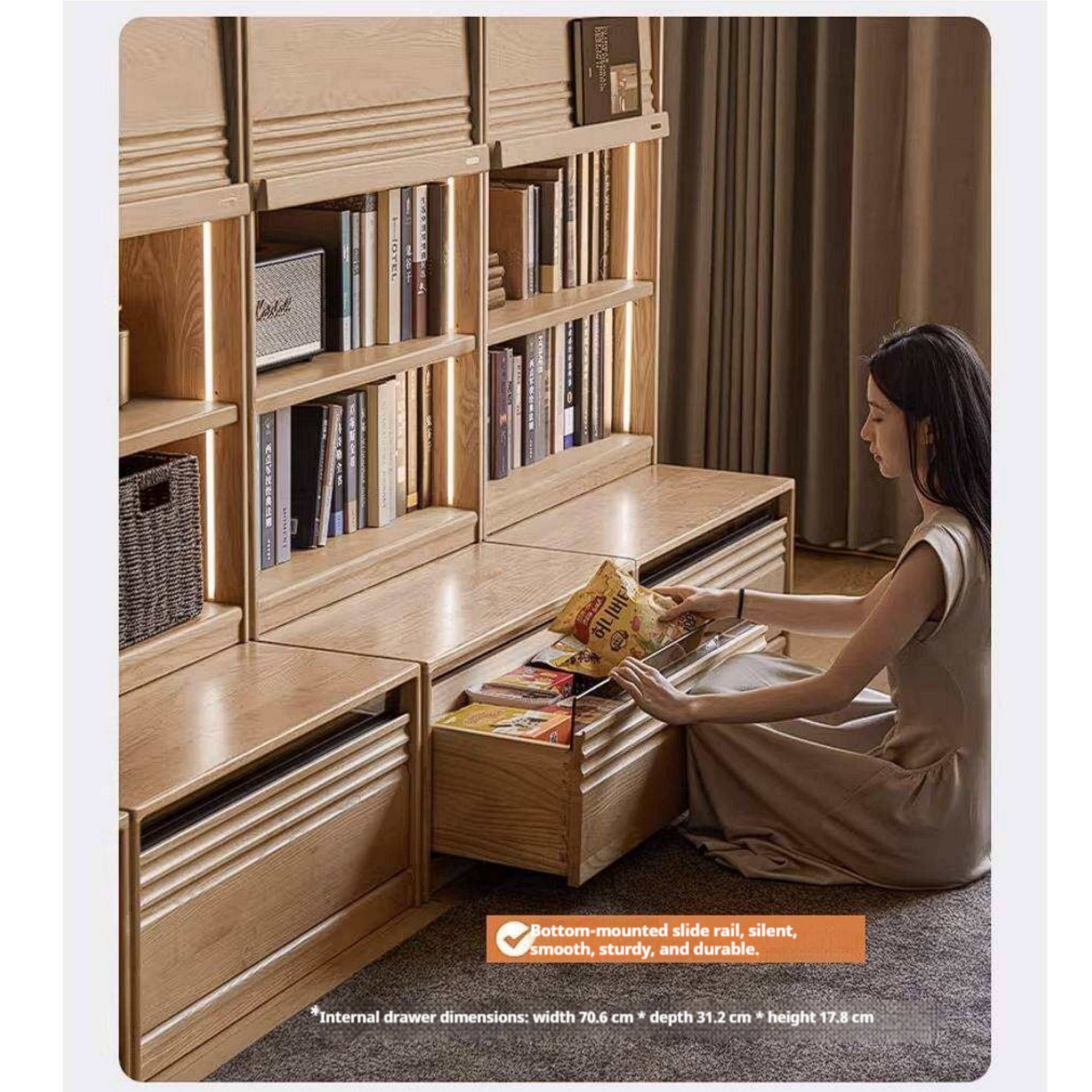 Ash Solid Wood Bookshelf with Wall Mounted Display Cabinet Design