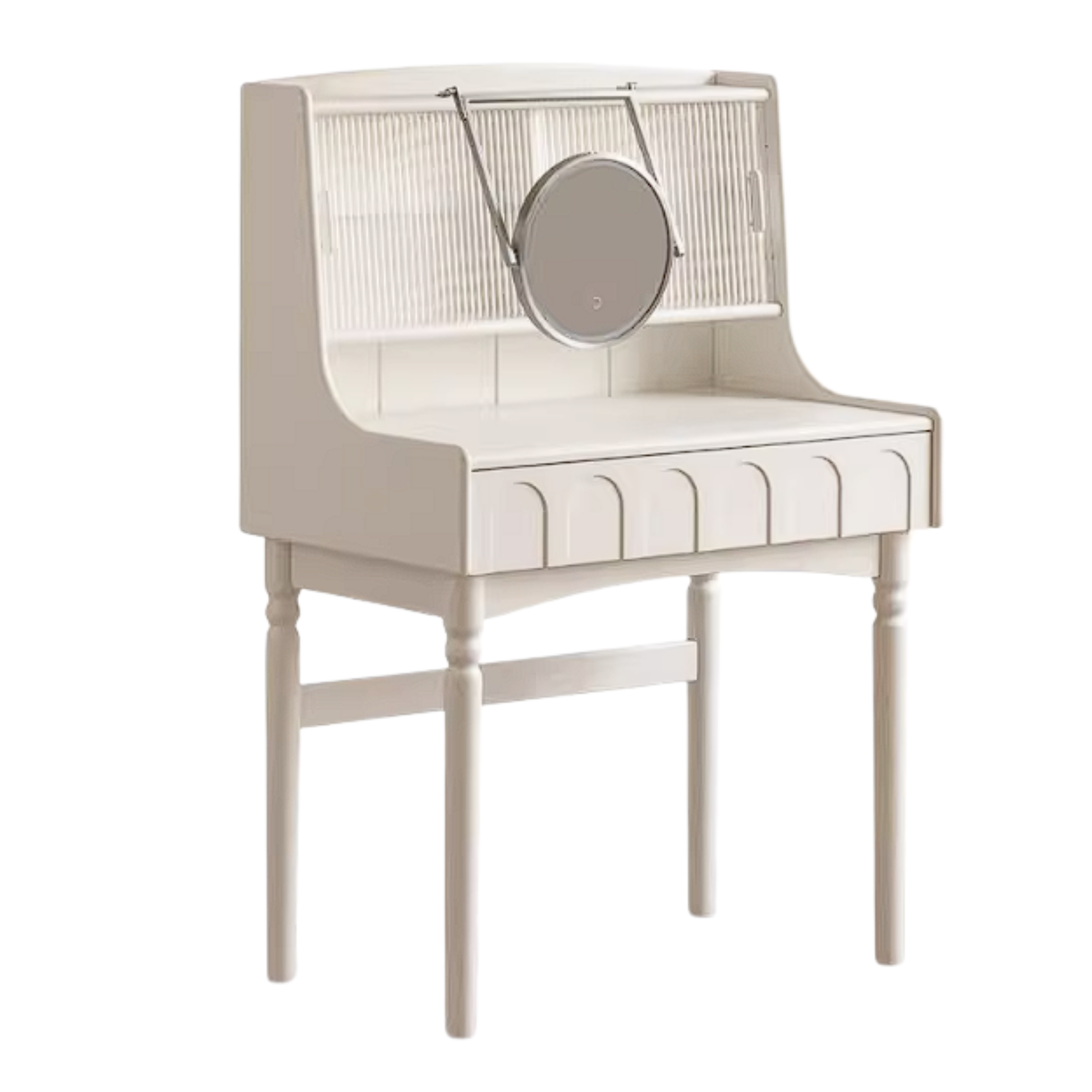 Rubberwood Solid Wood French Retro Vanity Desk with Lighted Storage Mirror and Drawers