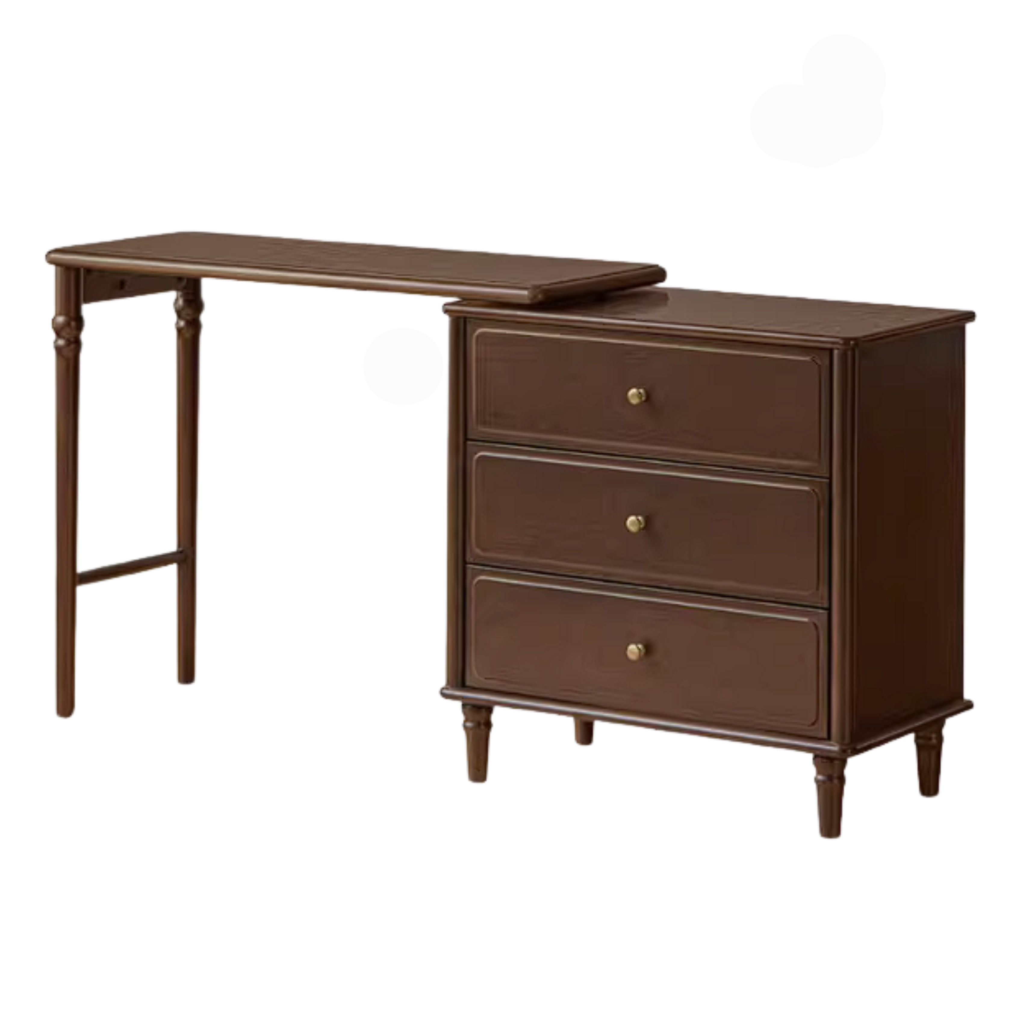 Poplar Solid Wood Vintage Extendable Vanity Desk with Round Mirror and Turned Legs
