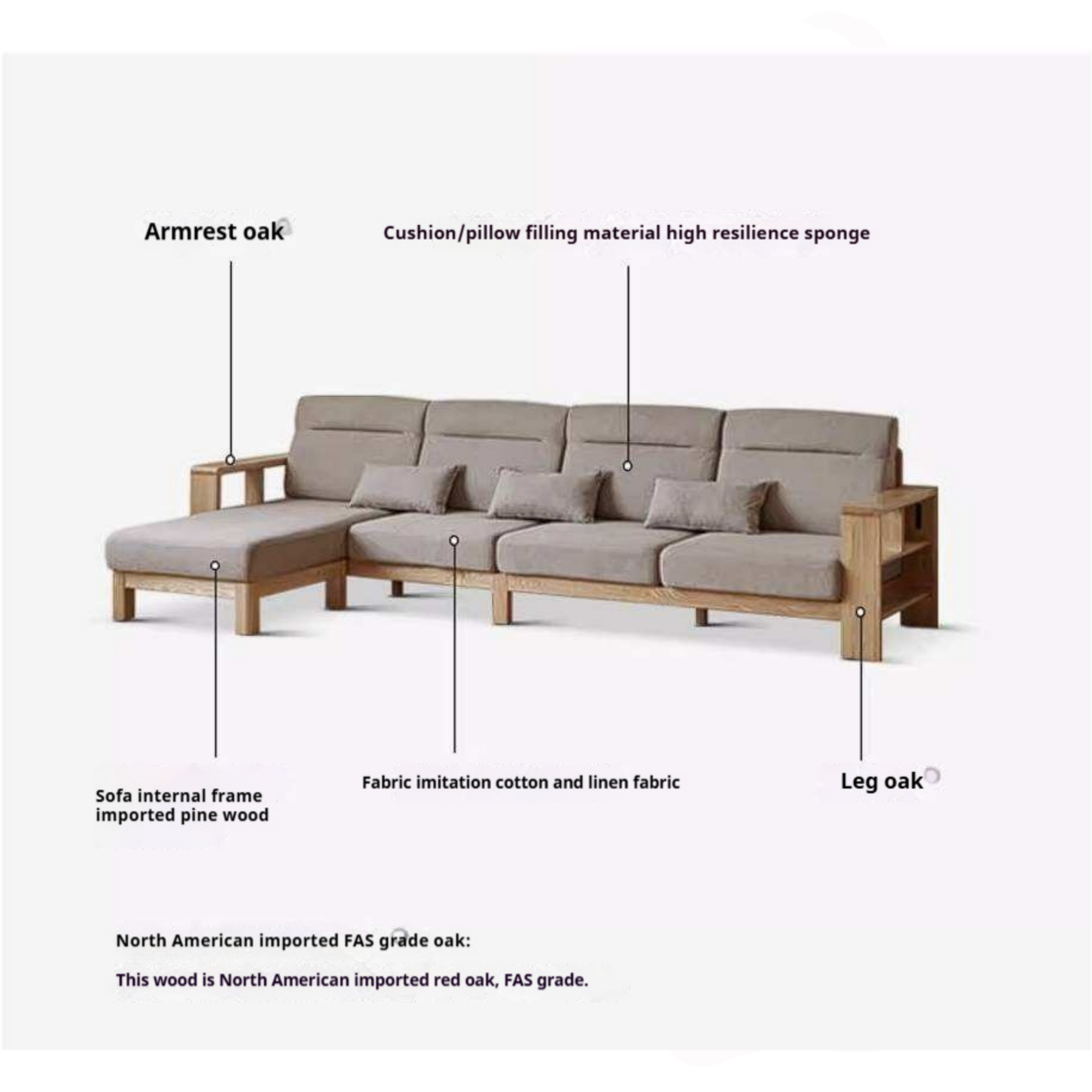 Oak Solid Wood Corner Sofa with Modern Fabric Upholstery