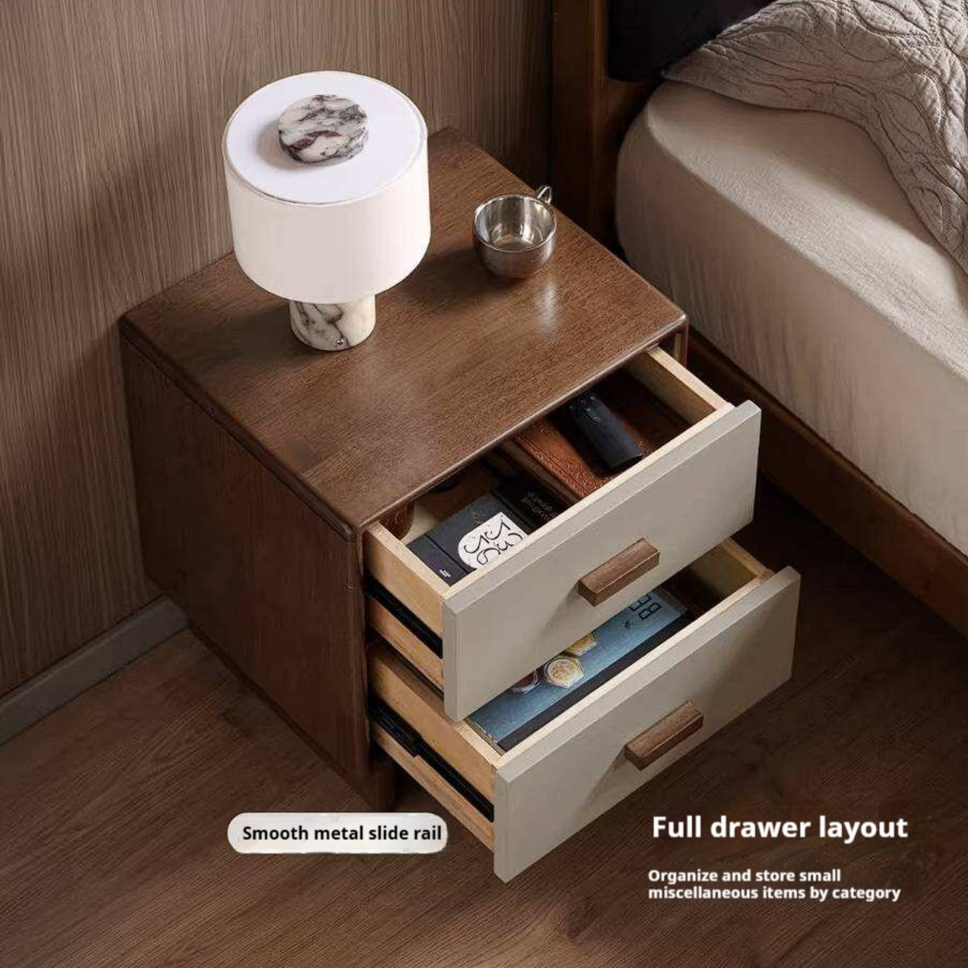 Rubberwood Solid Wood Two-Tone Nightstand with Cream Drawer Fronts and Tapered Legs