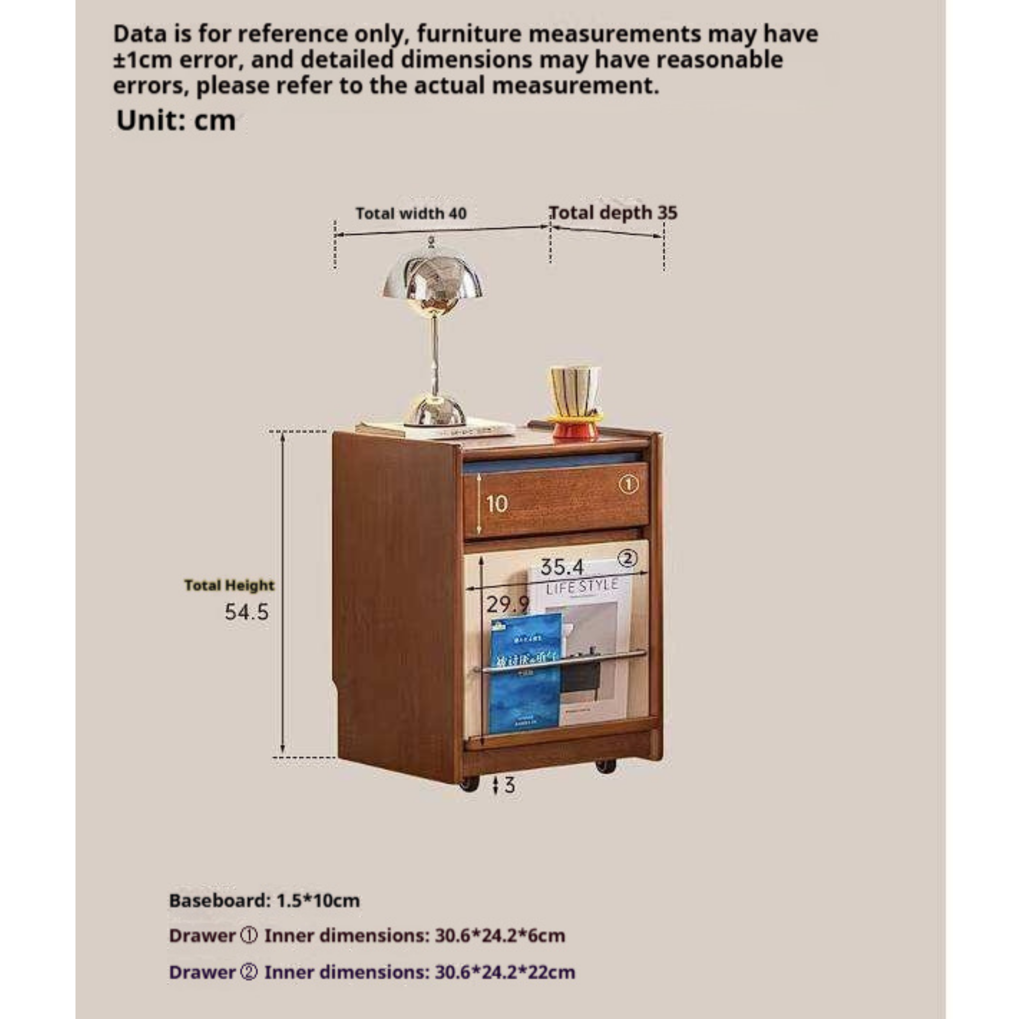 Poplar Solid Wood Two-Tone Rolling Nightstand with Magazine Rail