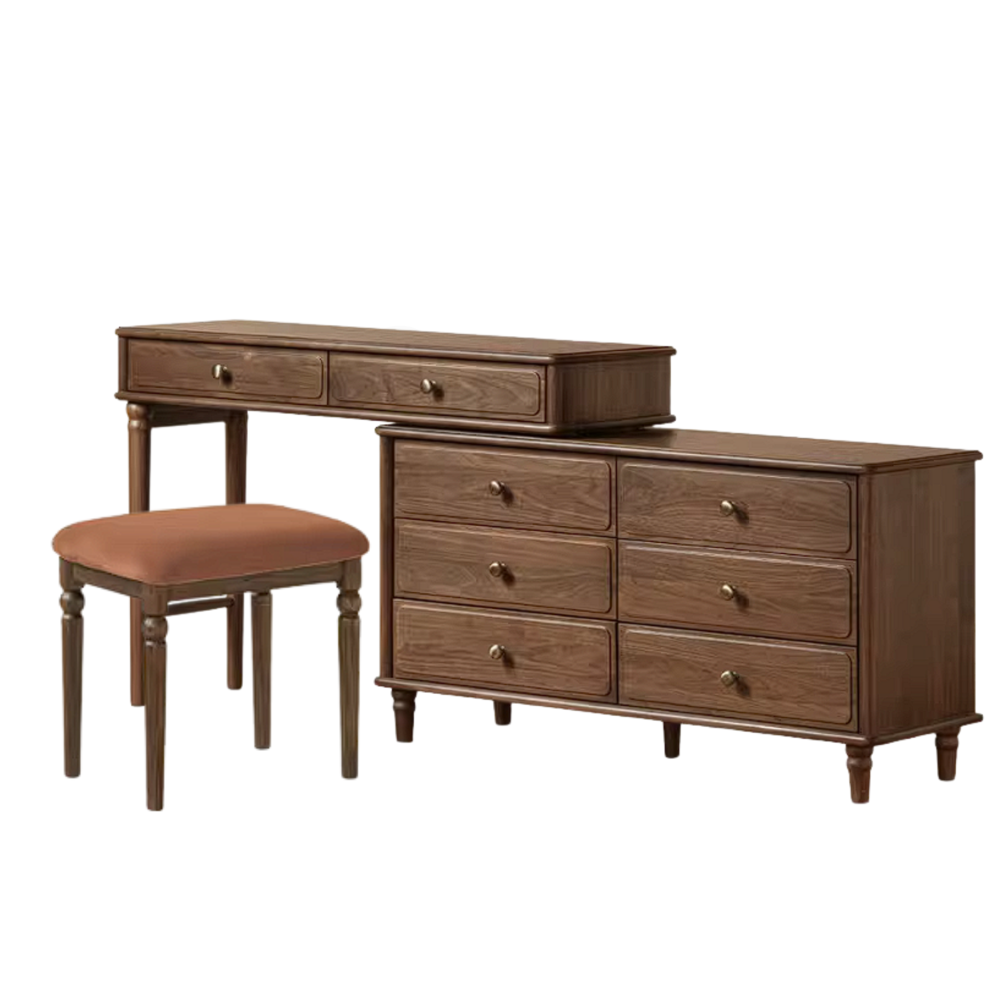 Black Walnut, Oak Solid Wood Extendable Vanity Desk and 6-Drawer Dresser Combo