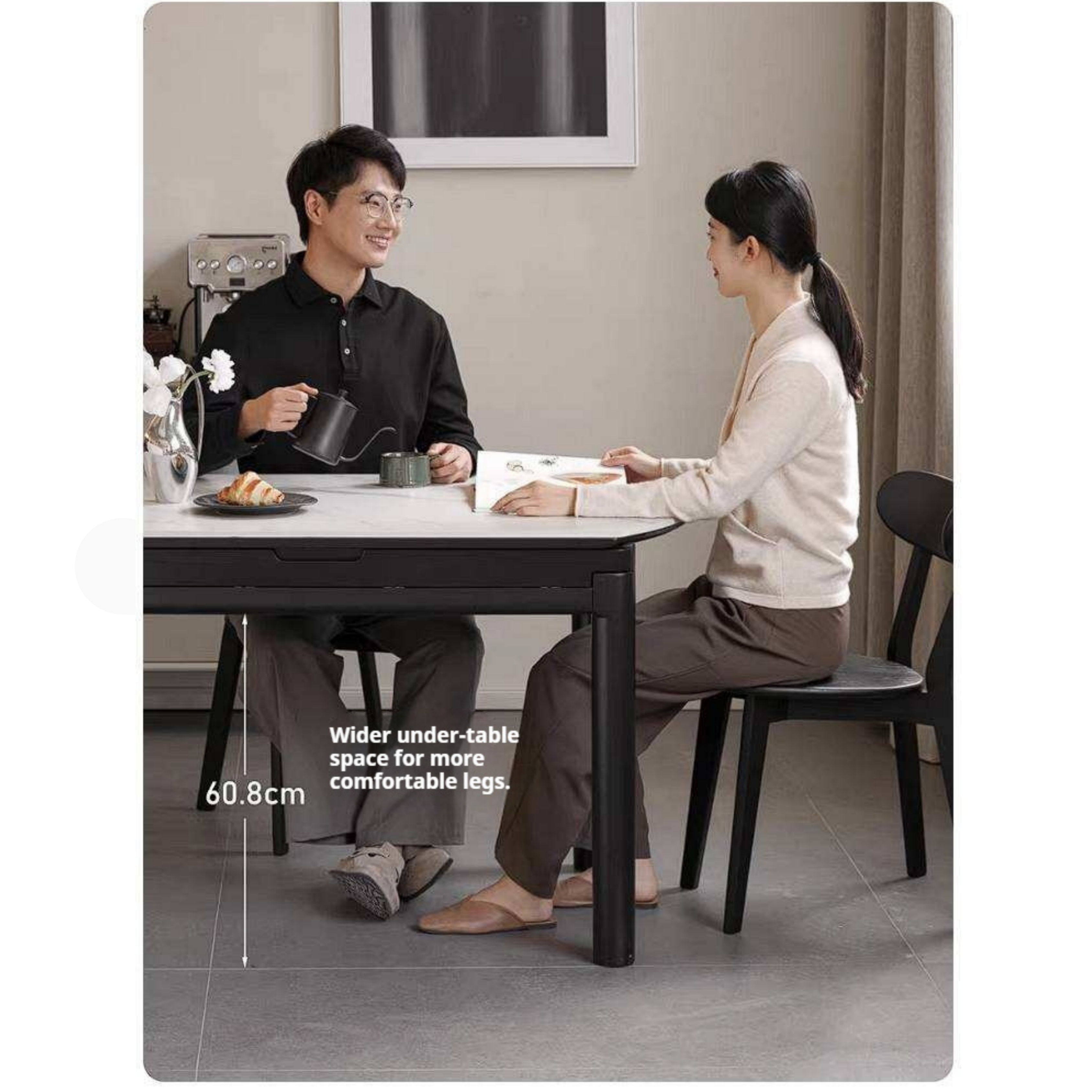 Rubberwood Solid Wood Extendable Round Dining Table with Stone Top