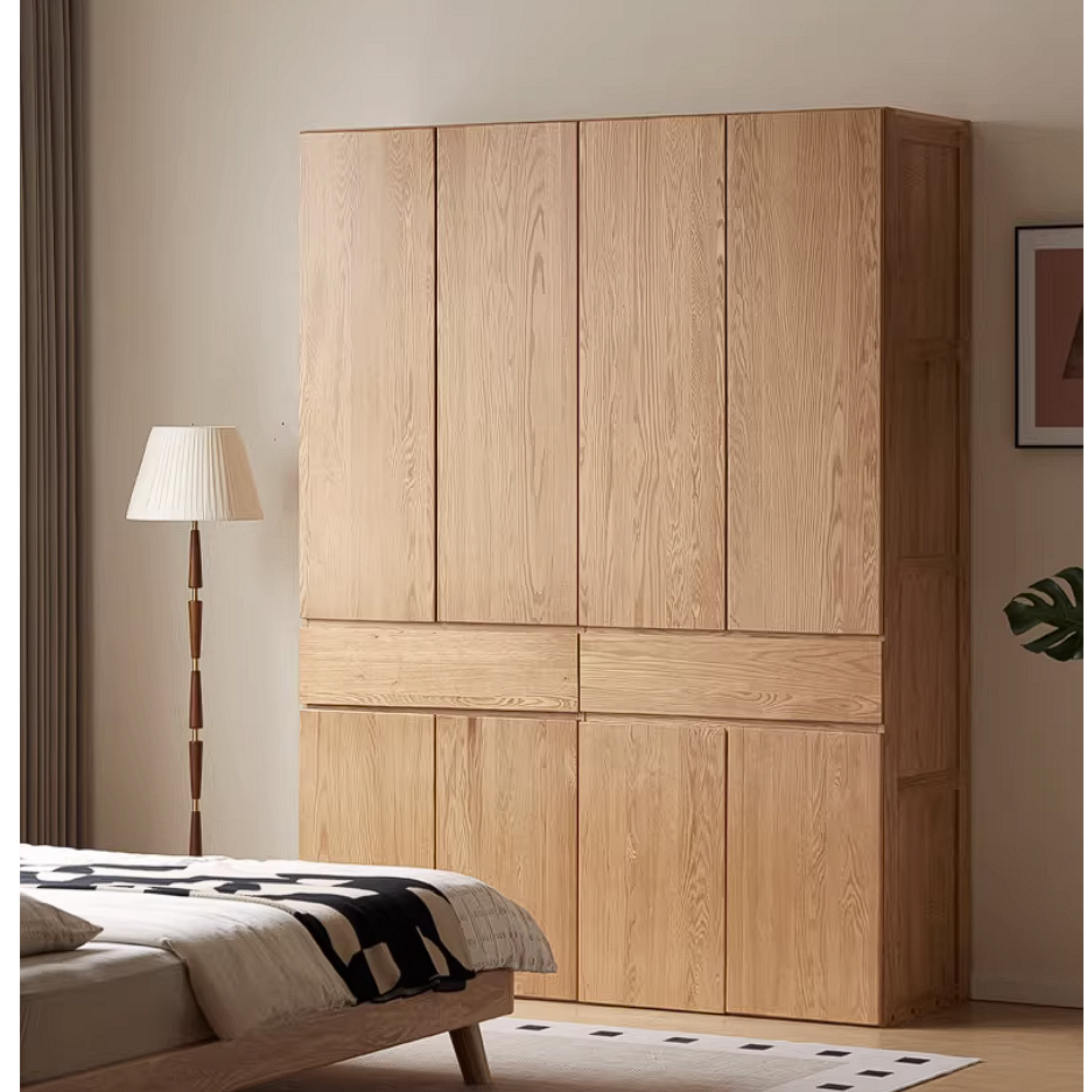 Oak Solid Wood Double Door Wardrobe with pull-out storage drawers Design
