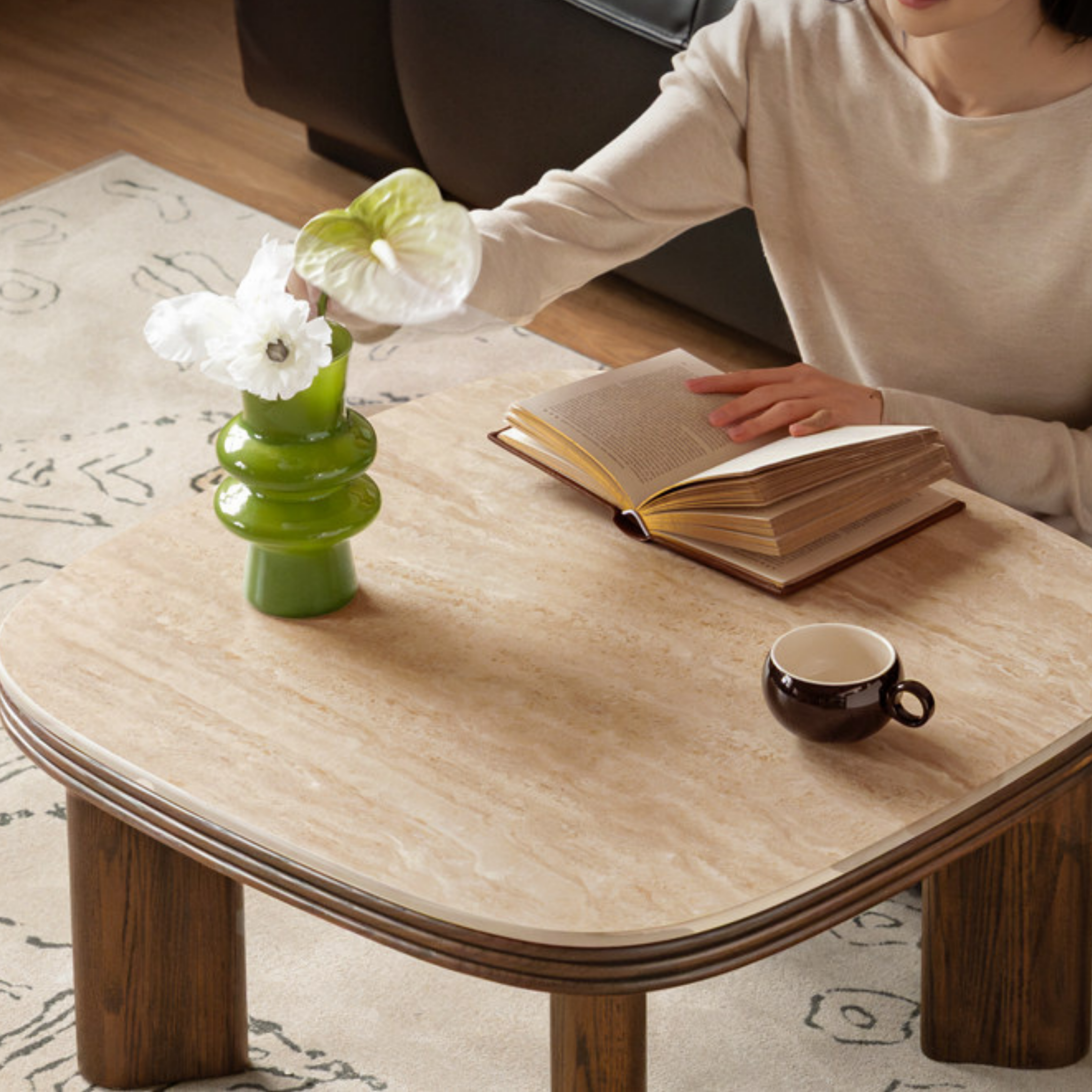 Oak Solid Wood Round Nesting Coffee Table with Stone Surface