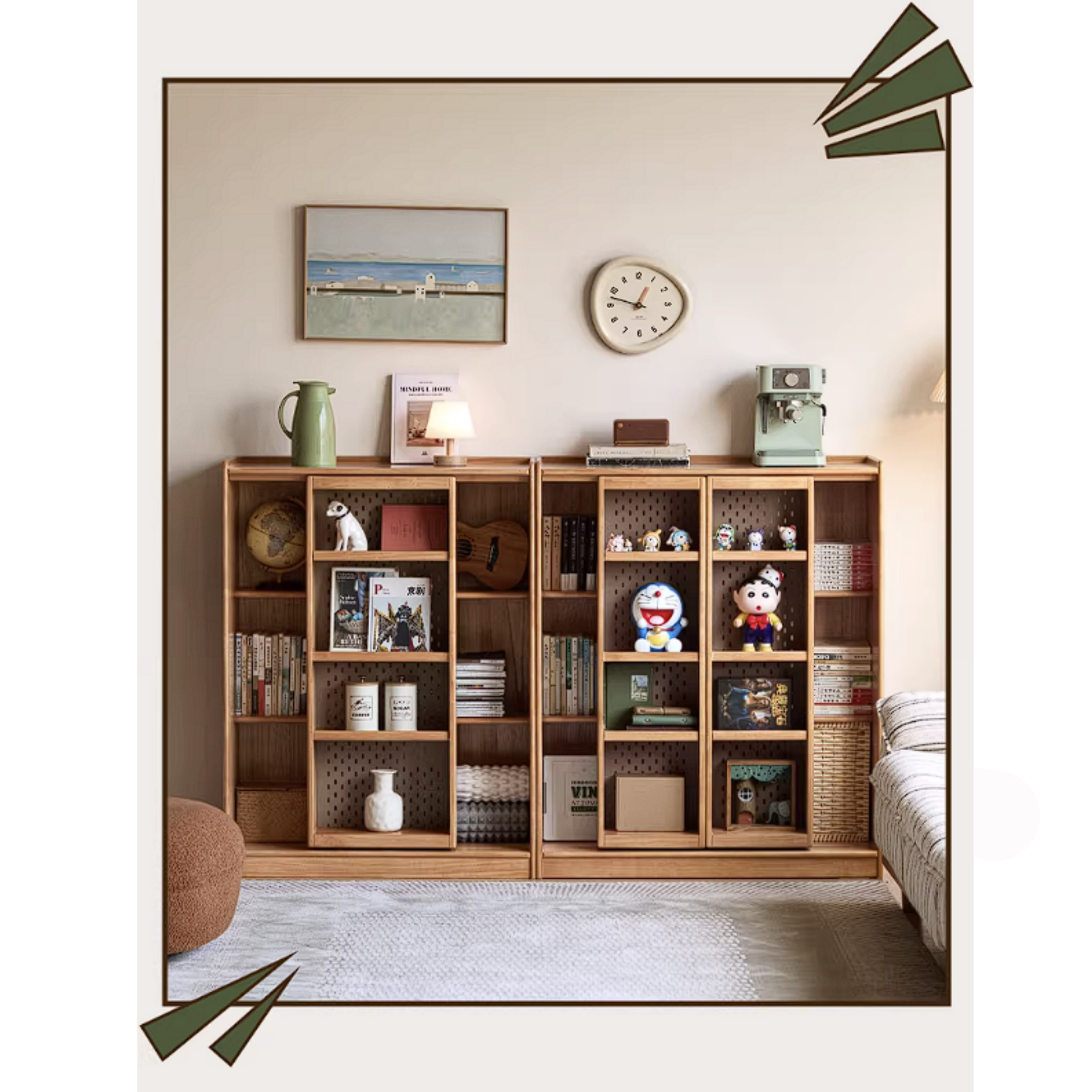 Rubberwood Solid Wood Bookshelf Floor-Standing Shelves and Sliding Doors