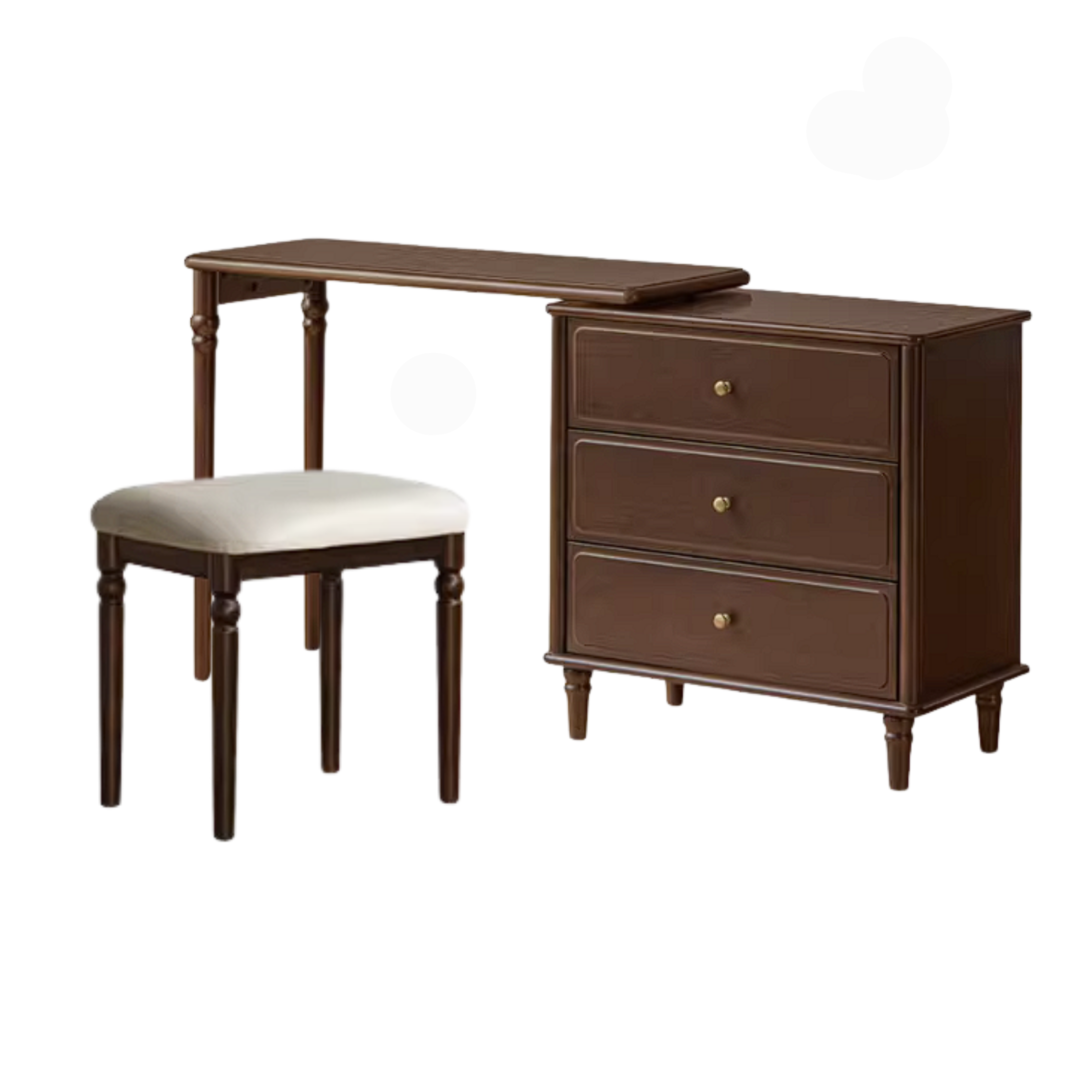 Poplar Solid Wood Vintage Extendable Vanity Desk with Round Mirror and Turned Legs