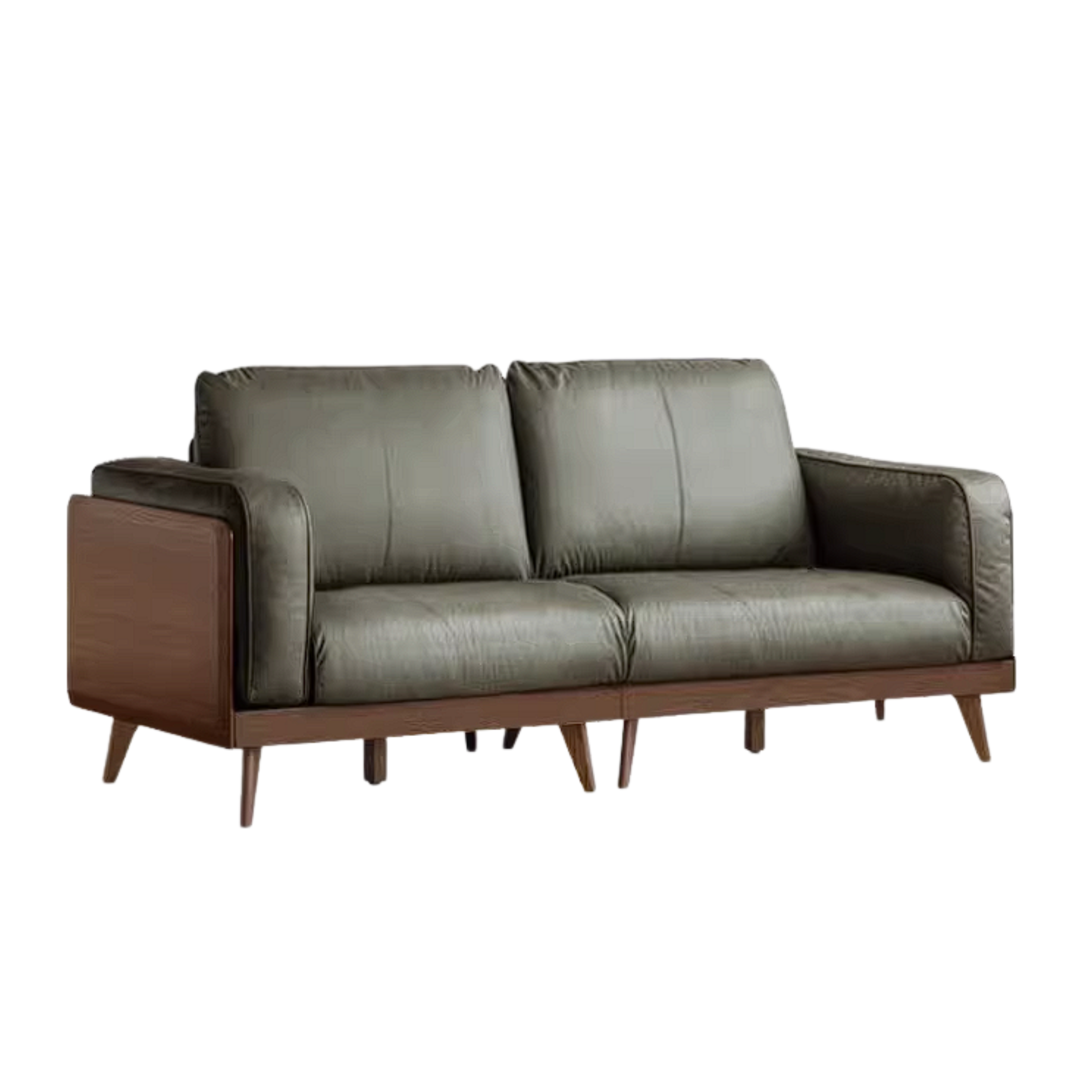 Rubberwood Solid Wood Genuine leather Sofa with Deep Seats and Slim Walnut Frame