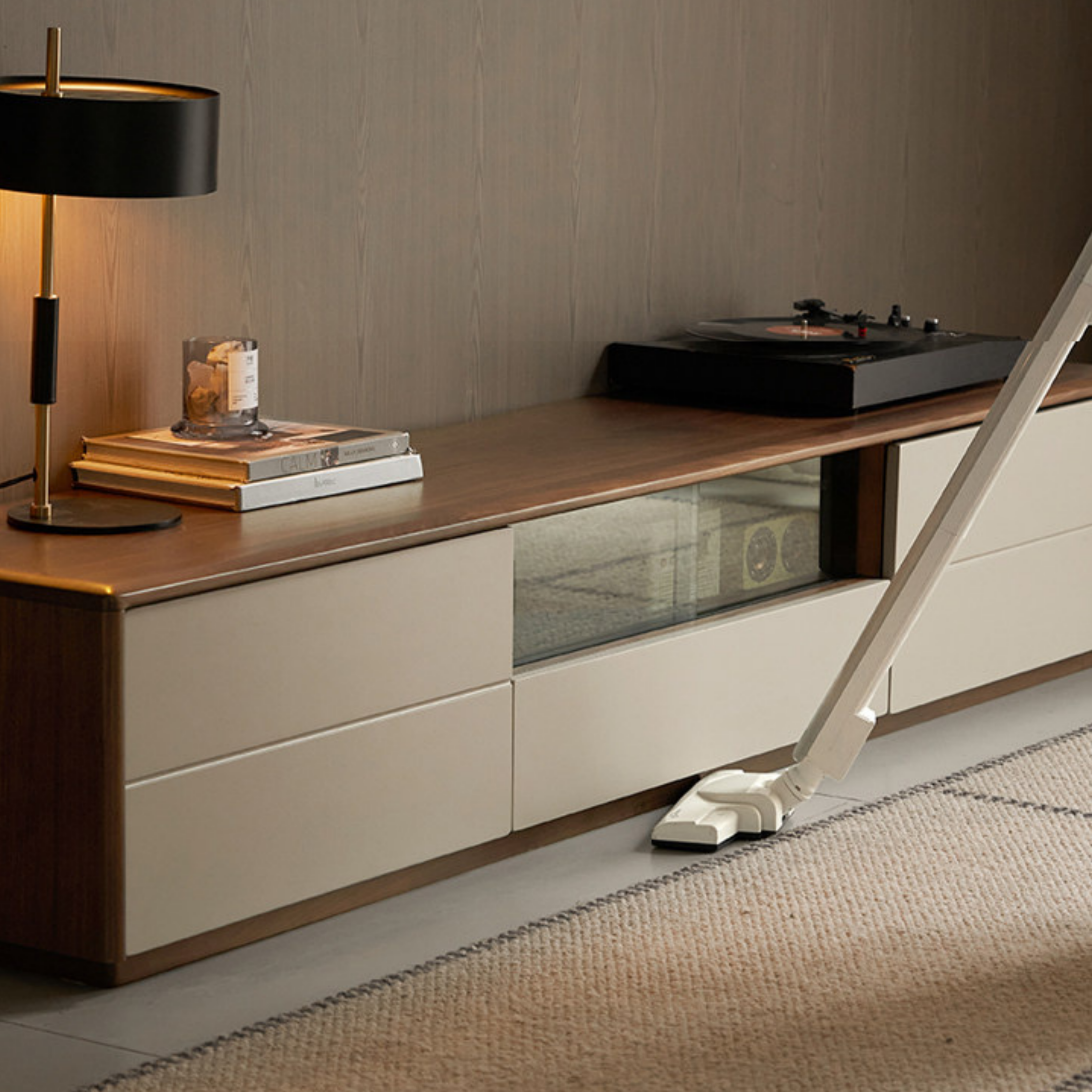 Black Walnut Solid Wood Low Profile TV Stand, Italian Modern Color Block Media Console with Storage