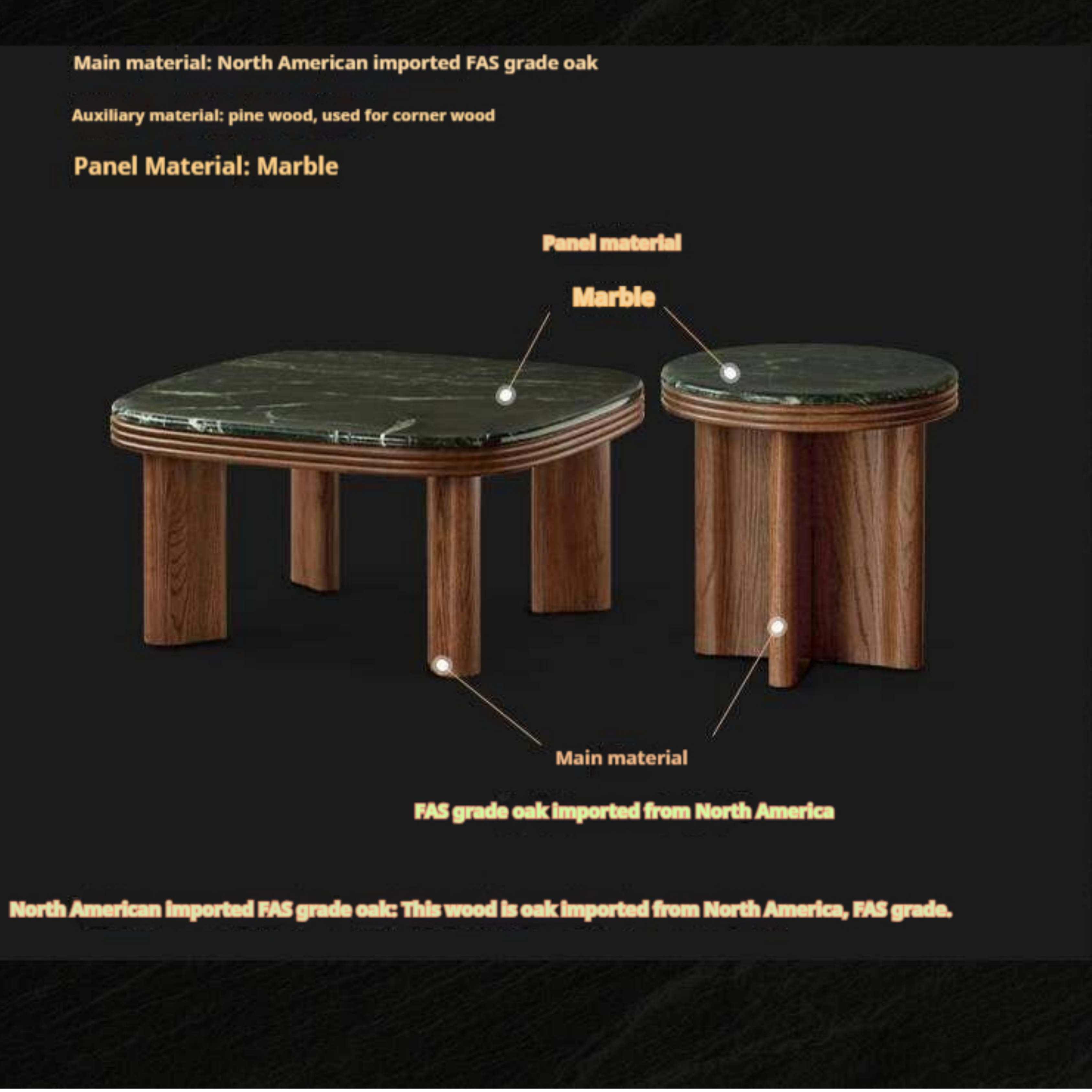 Oak Solid Wood Coffee Table with Green Marble Surface