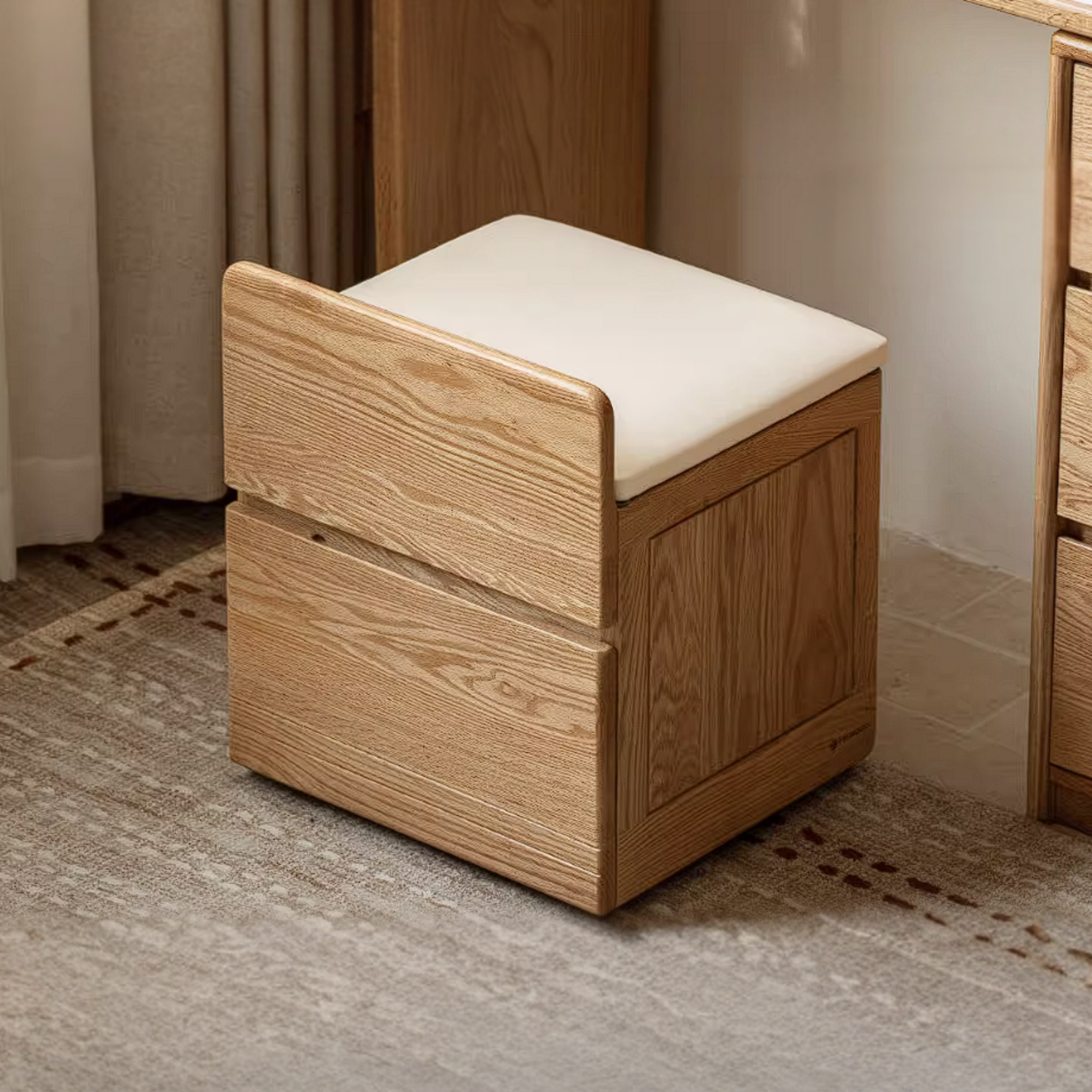 Oak, Ash, Black Walnut, Cherry Solid Wood Storage Vanity Stool with Upholstered Flip-Top Seat and Drawer