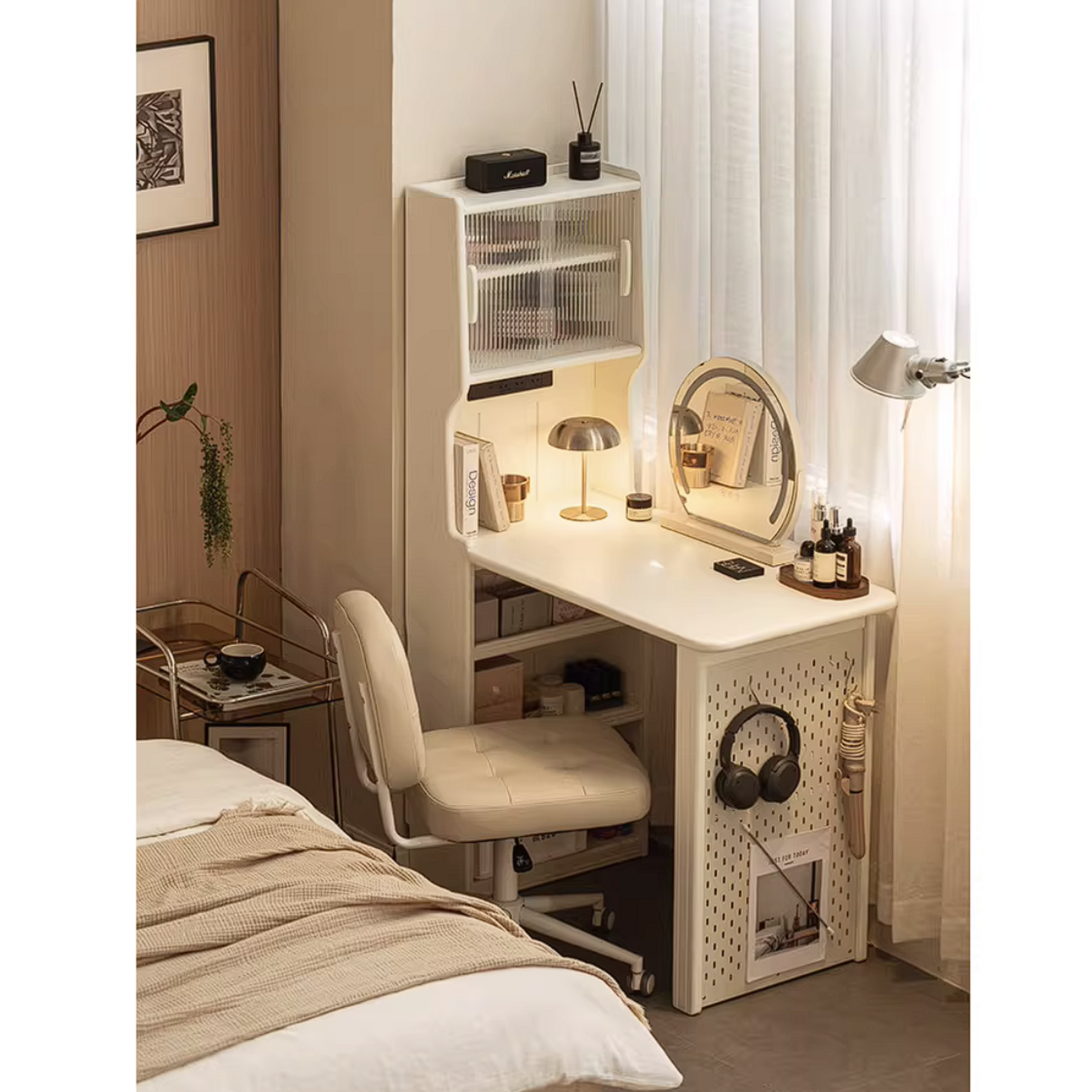 Rubberwood Solid Wood Convertible Vanity Desk with Multi-Functional Storage and Office Setup
