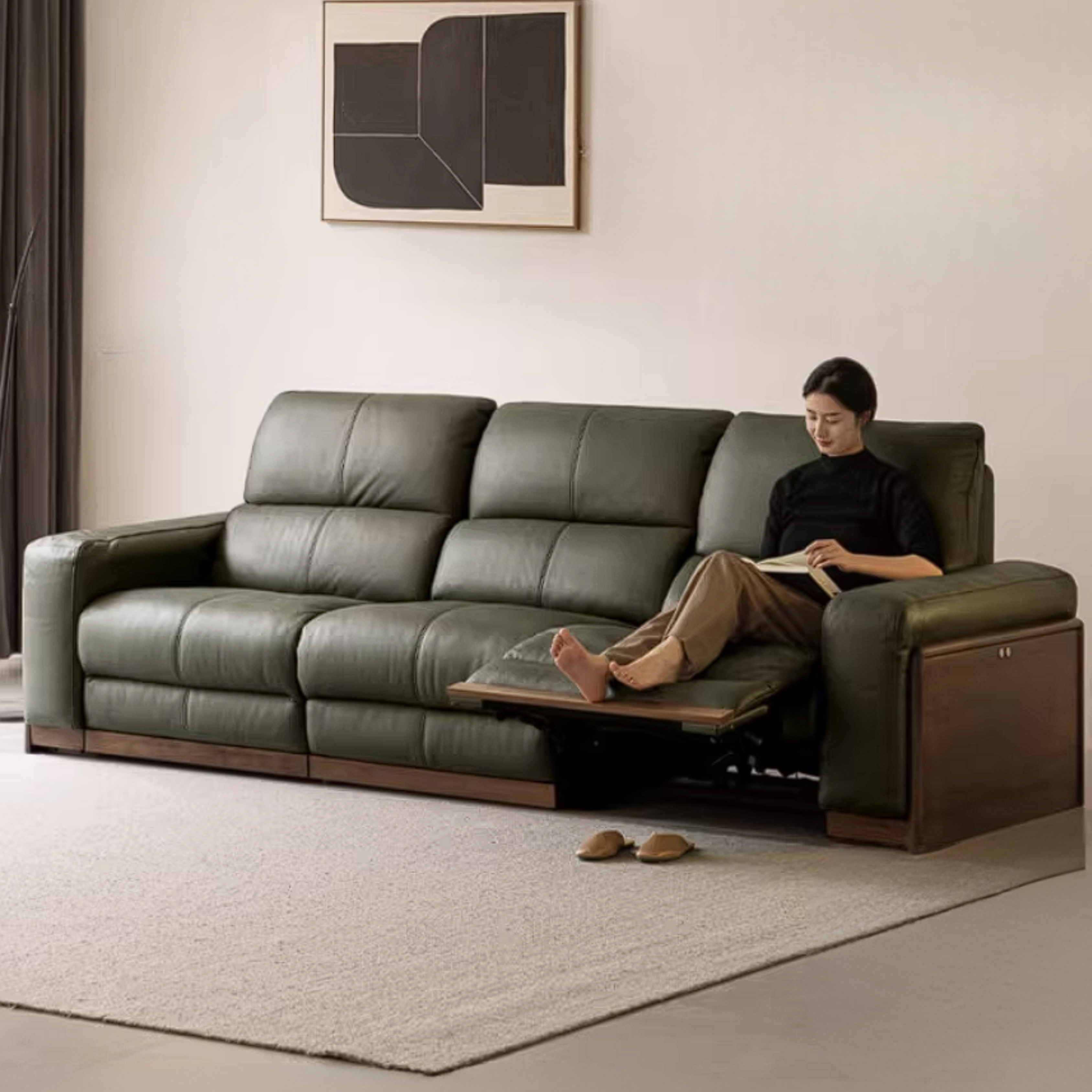 Black Walnut Solid Wood Genuine Leather Reclining Sofa with Zero Wall Clearance