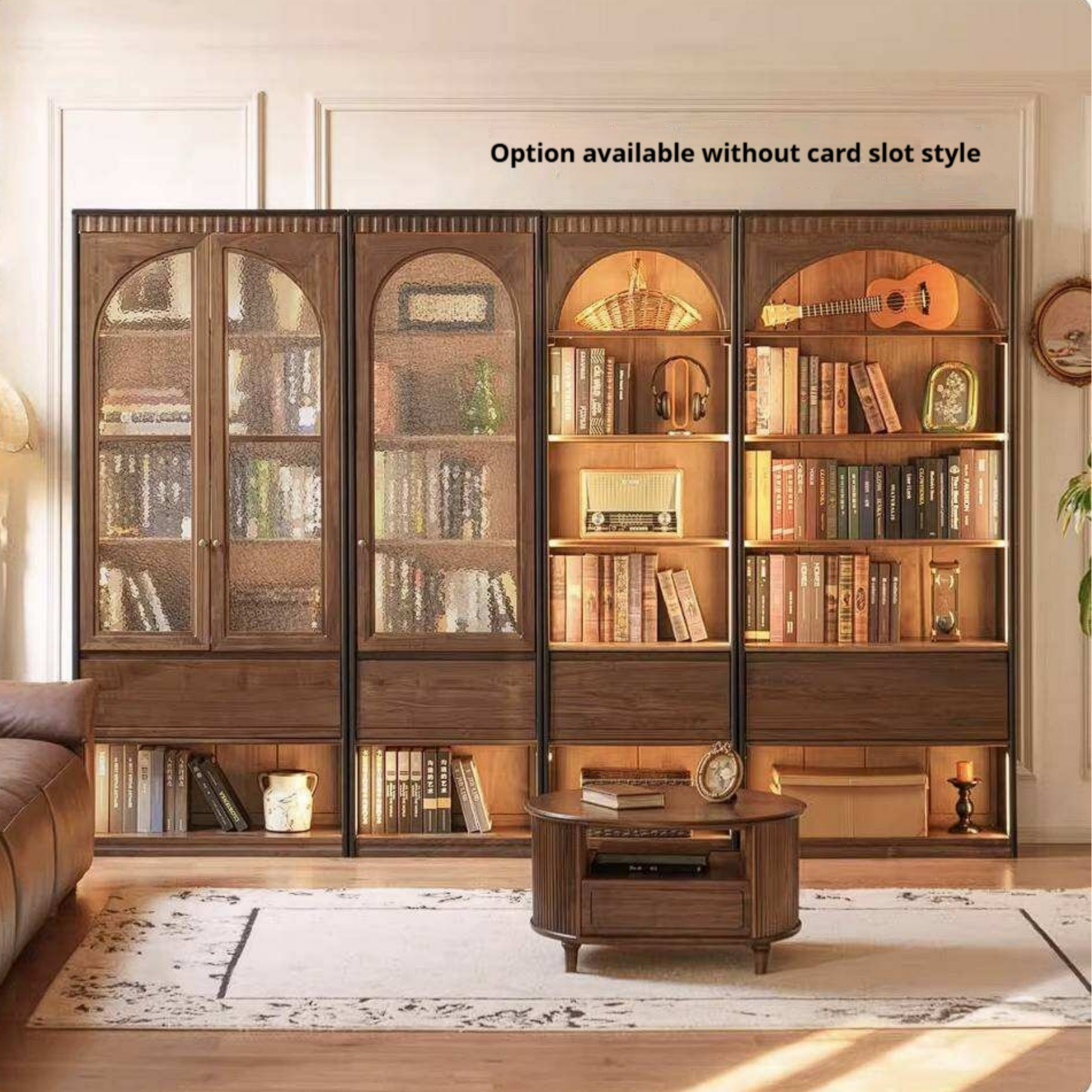 Black Walnut Solid Wood Bookcase with French Retro Display Cabinet