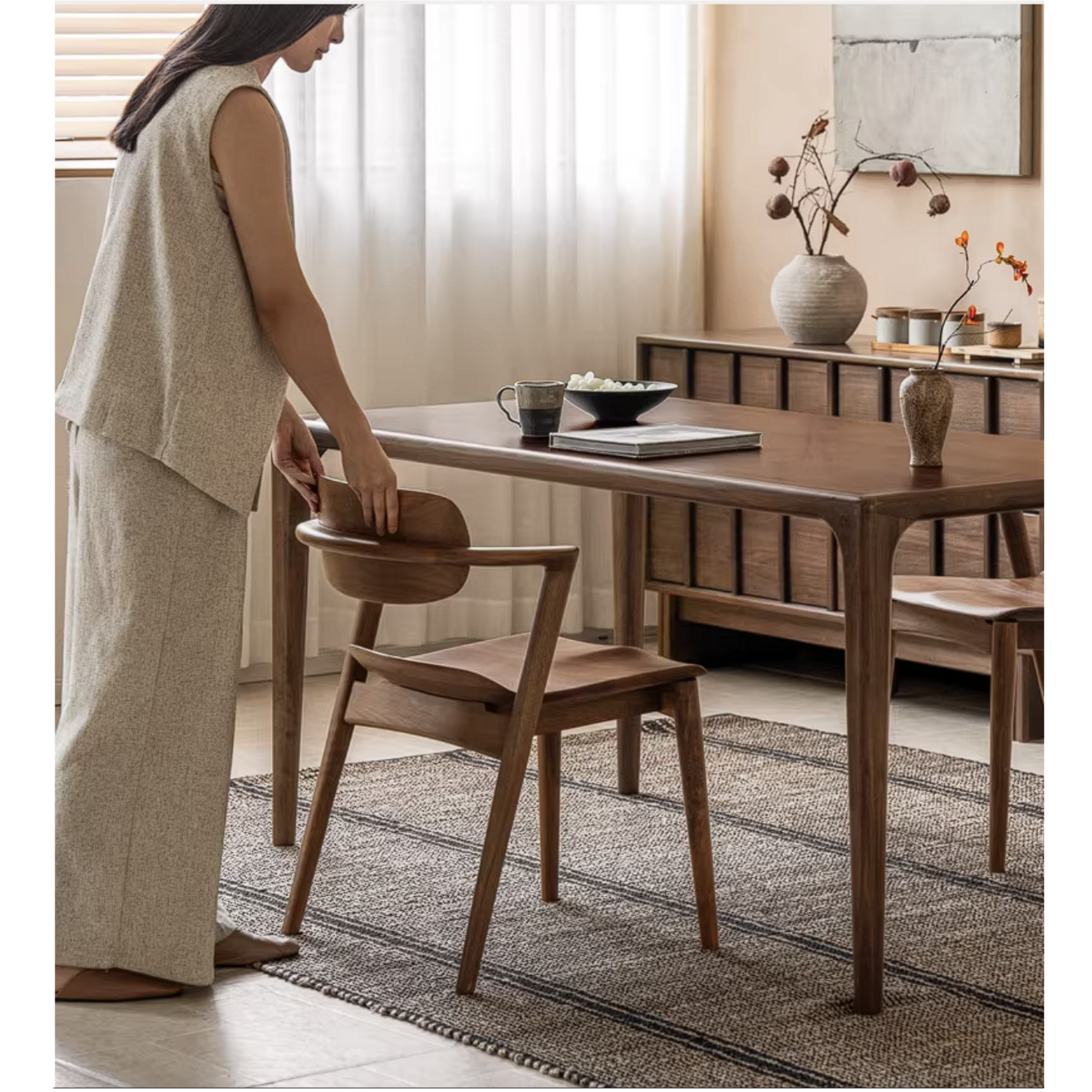 Black Walnut Solid Wood Bentwood Dining Chair with Curved Back and Saddle Seat