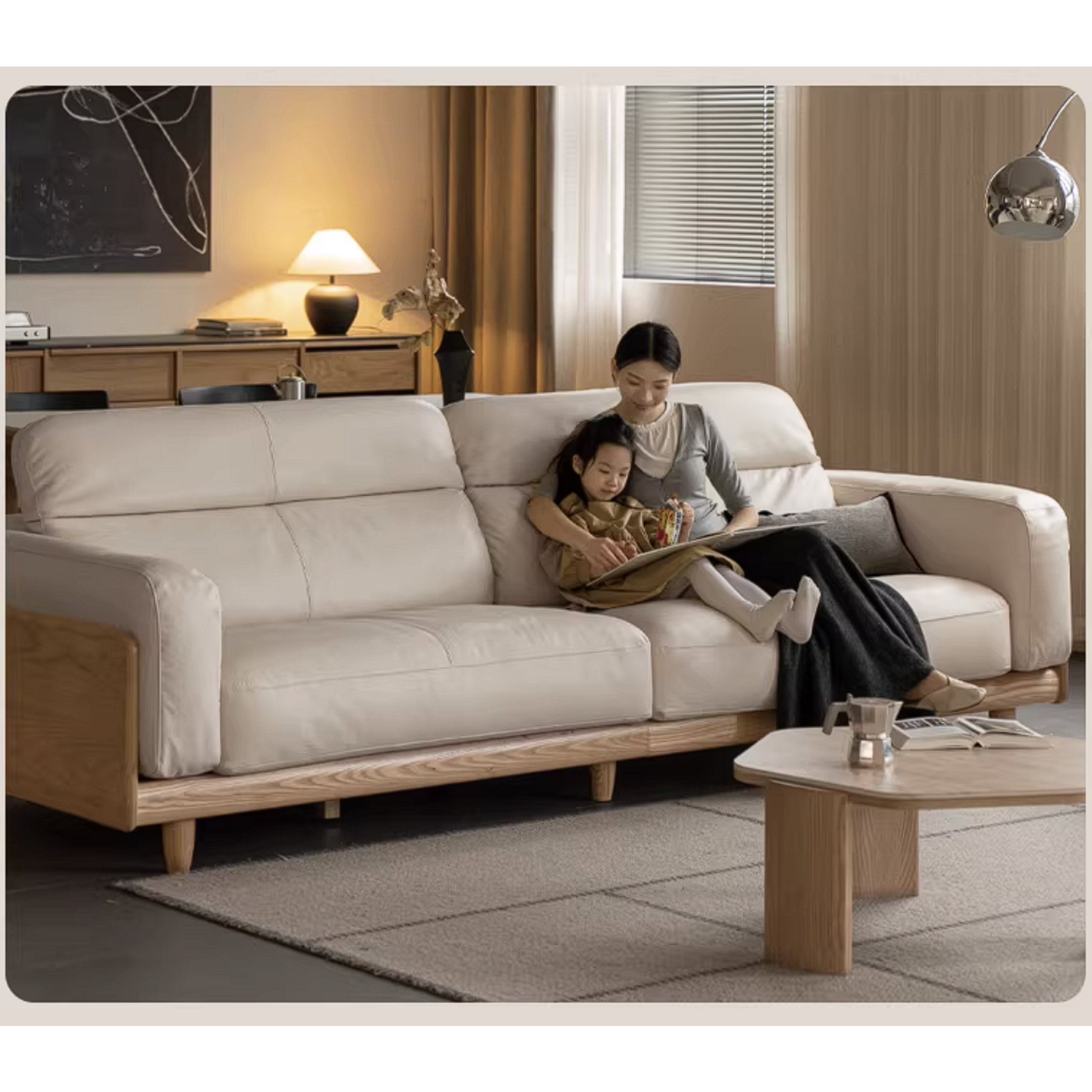 Ash Solid Wood Genuine leather Sofa with Solid Wood Frame and Adjustable Headrest