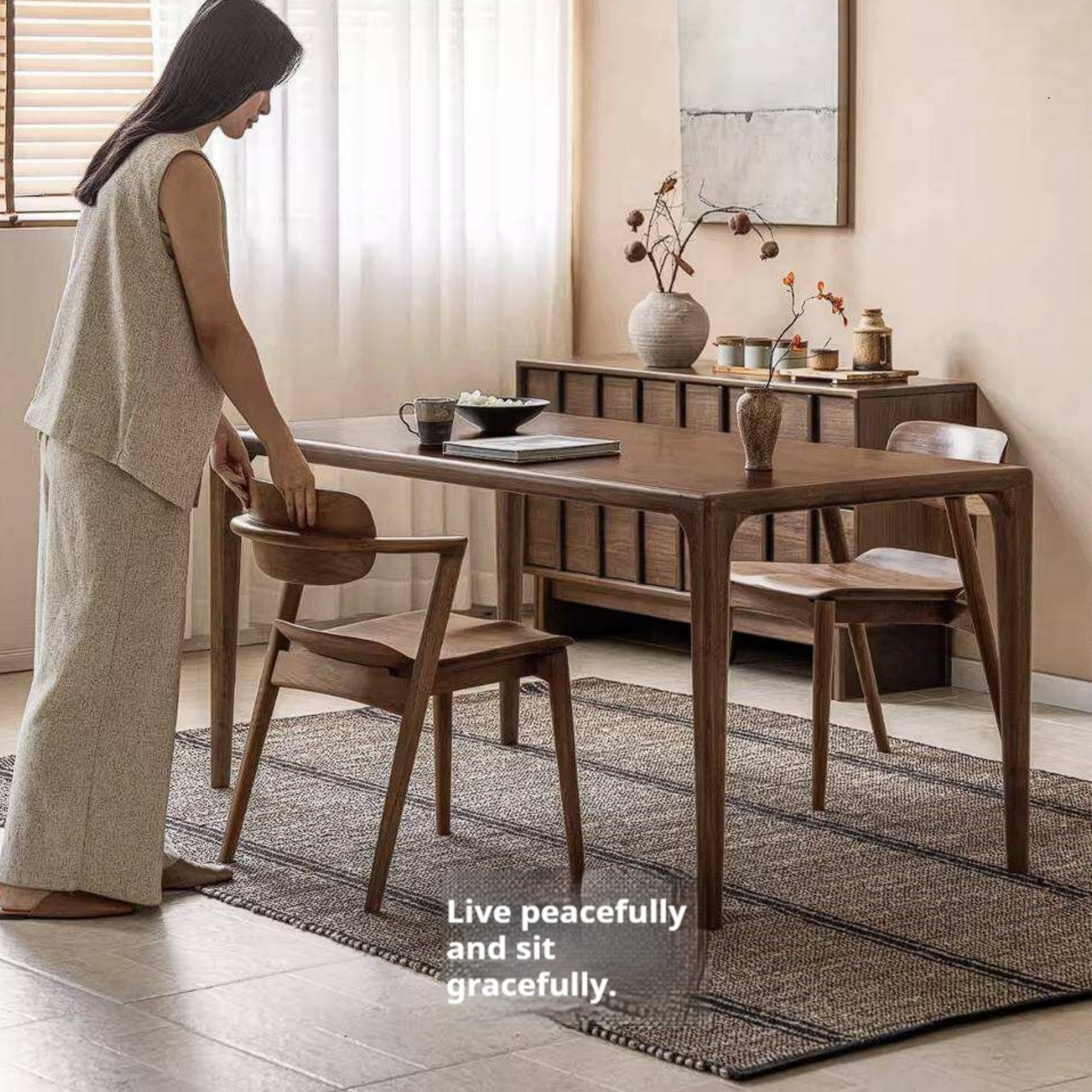 Black Walnut Solid Wood Bentwood Dining Chair with Curved Back and Saddle Seat