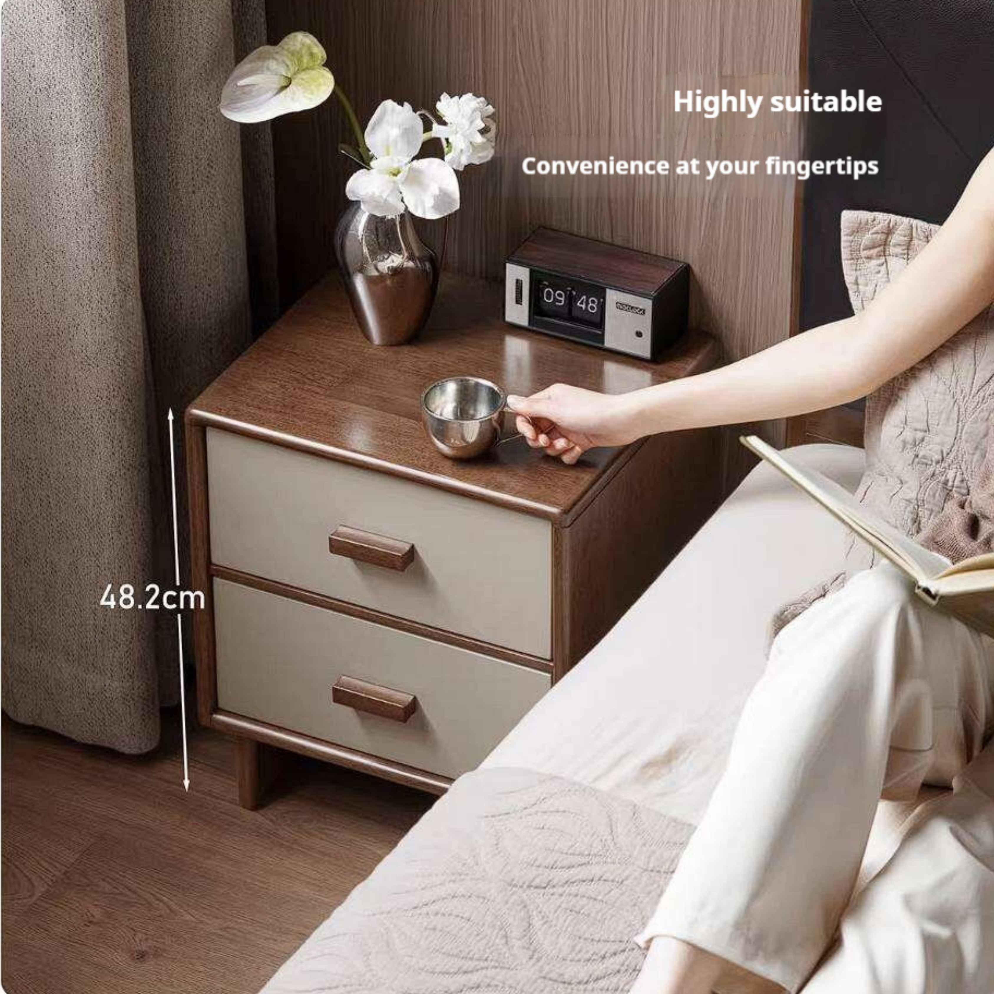 Rubberwood Solid Wood Two-Tone Nightstand with Cream Drawer Fronts and Tapered Legs