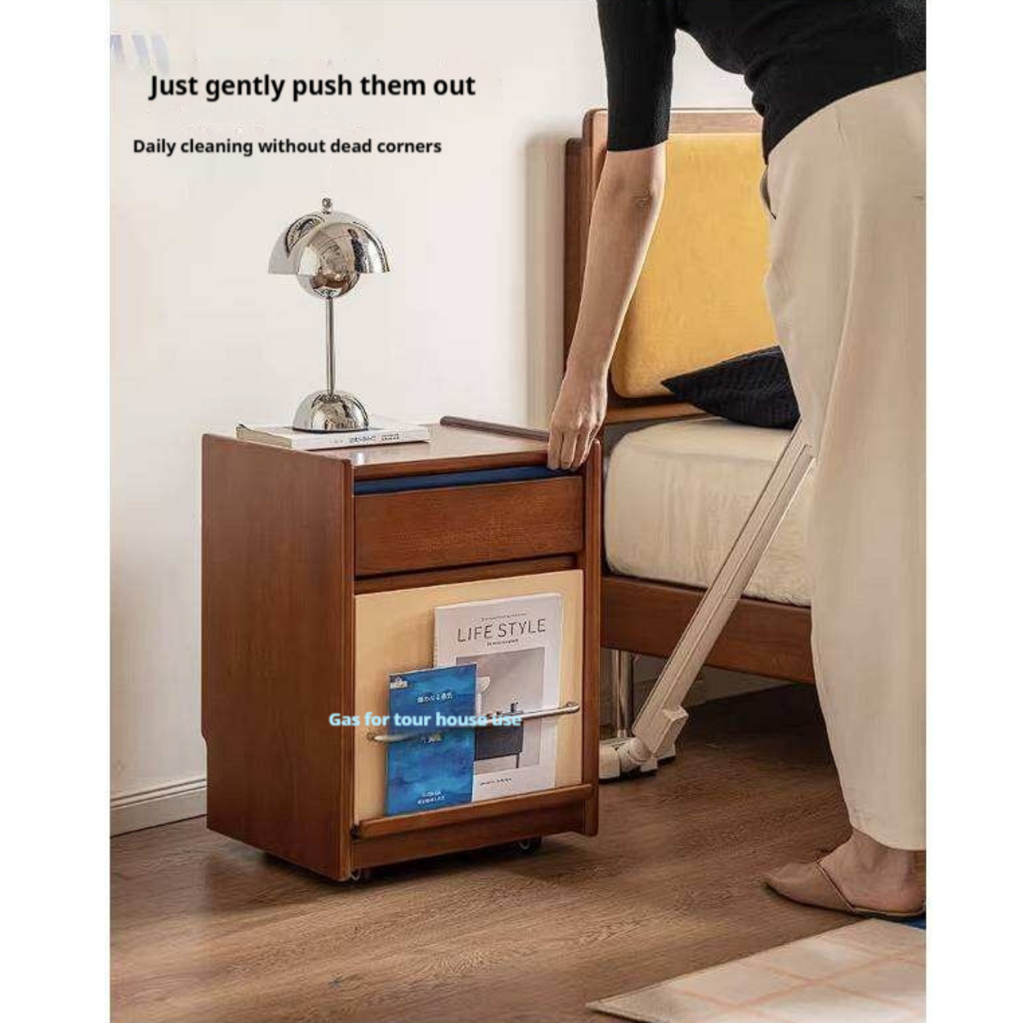 Poplar Solid Wood Two-Tone Rolling Nightstand with Magazine Rail