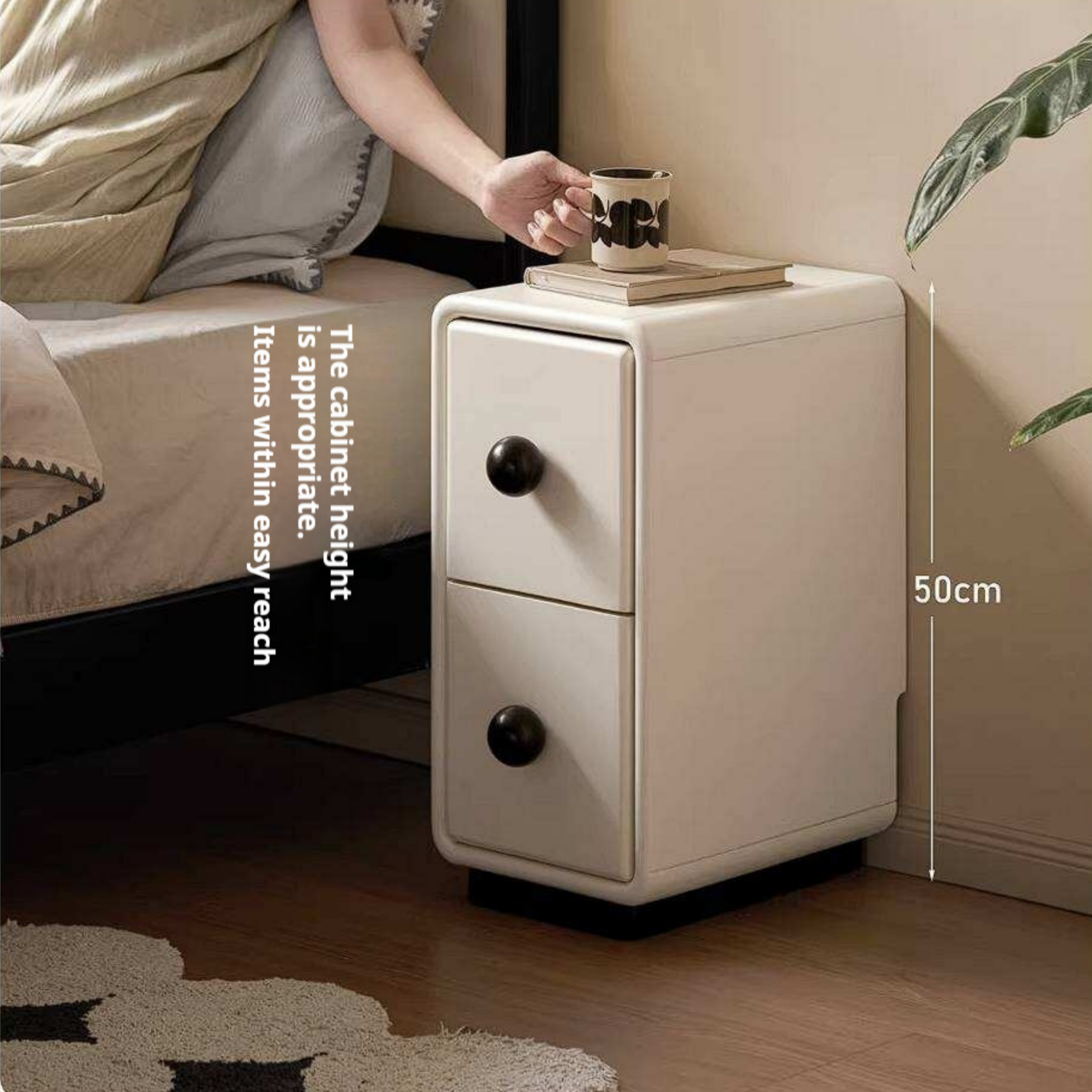 Rubberwood Solid Wood Slim Cream White Nightstand with Rounded Corners and Two Drawers