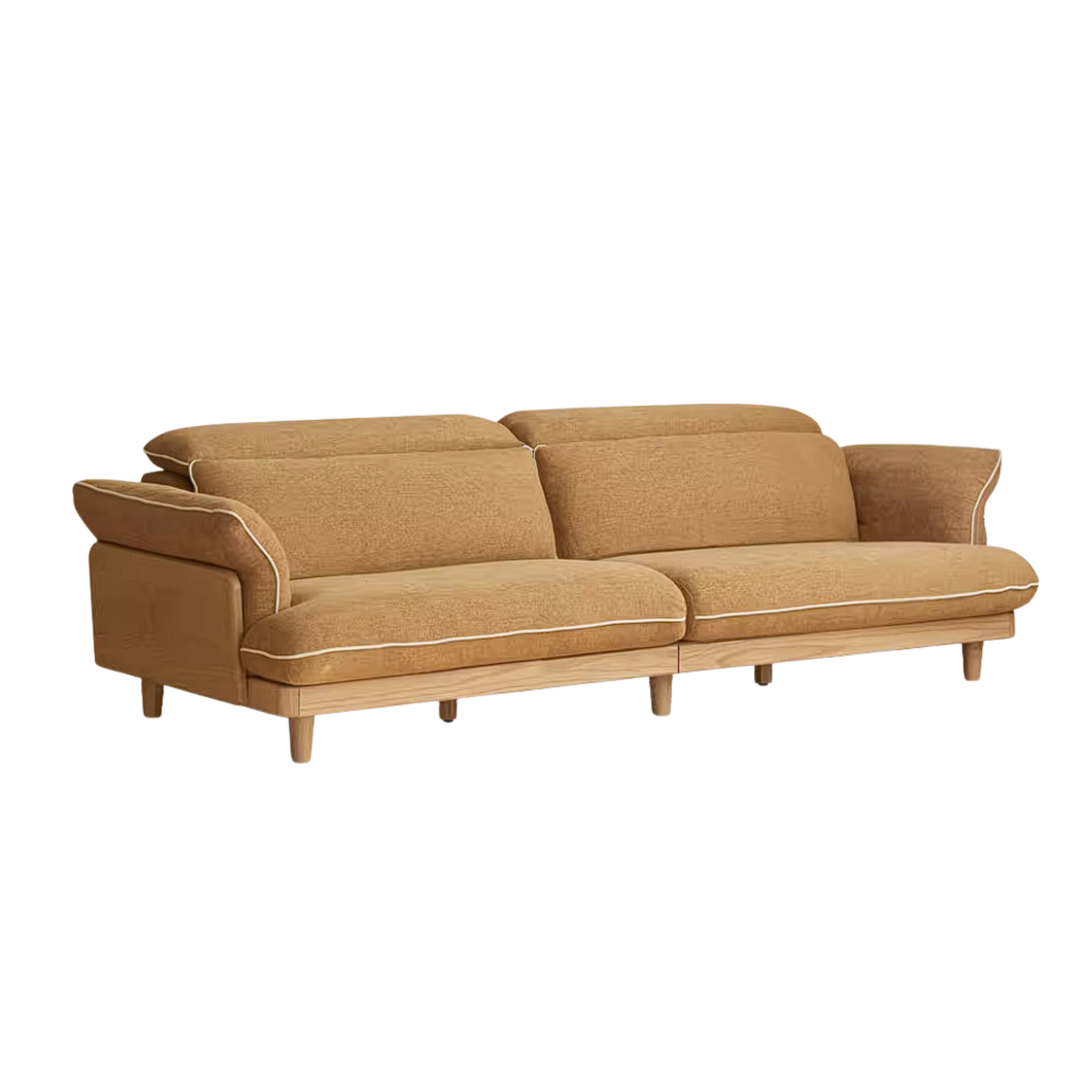 Oak Solid Wood High Back Chenille Sofa with Curved Arms