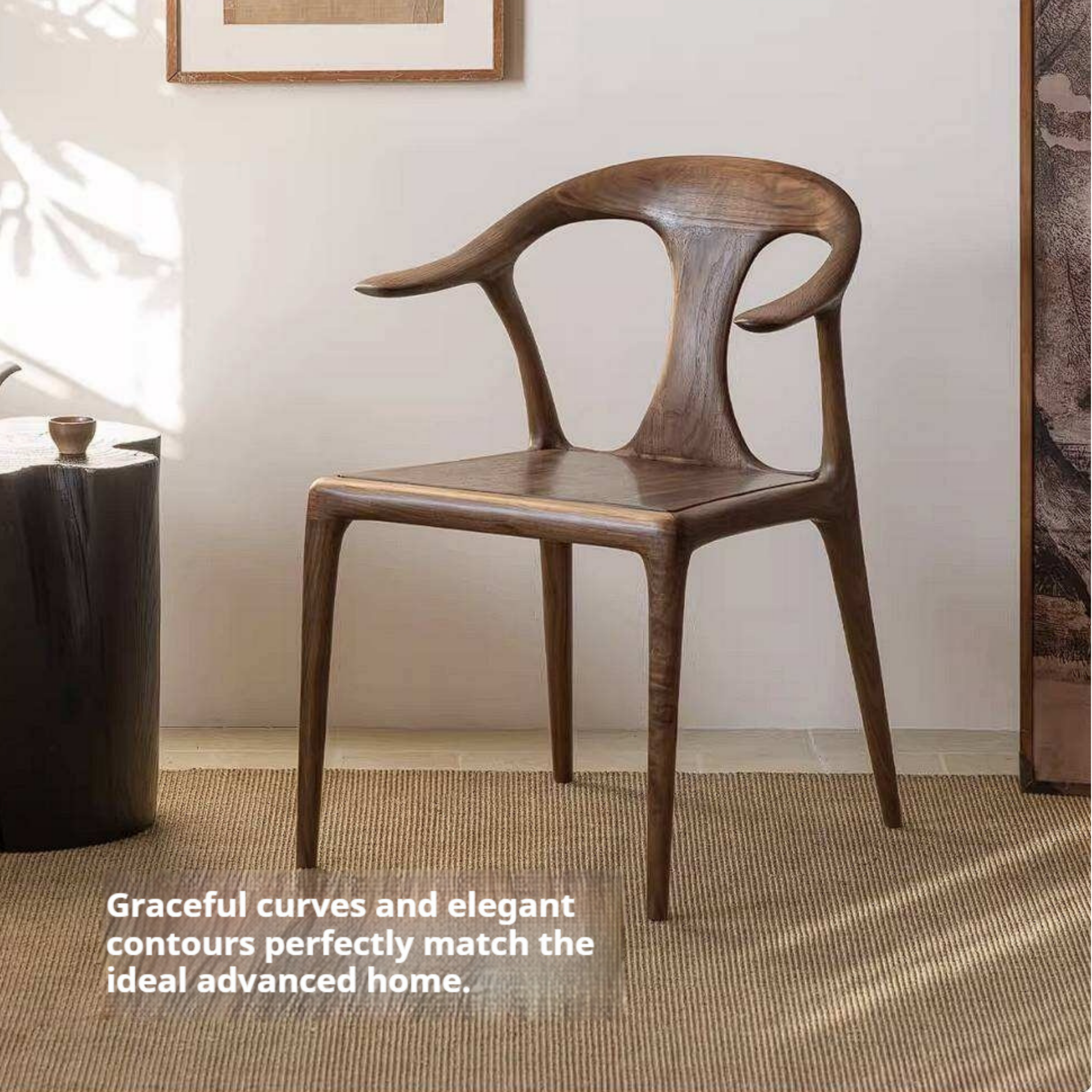 Black Walnut Solid Wood Ox Horn Dining Chair with Carved Curved Armrests