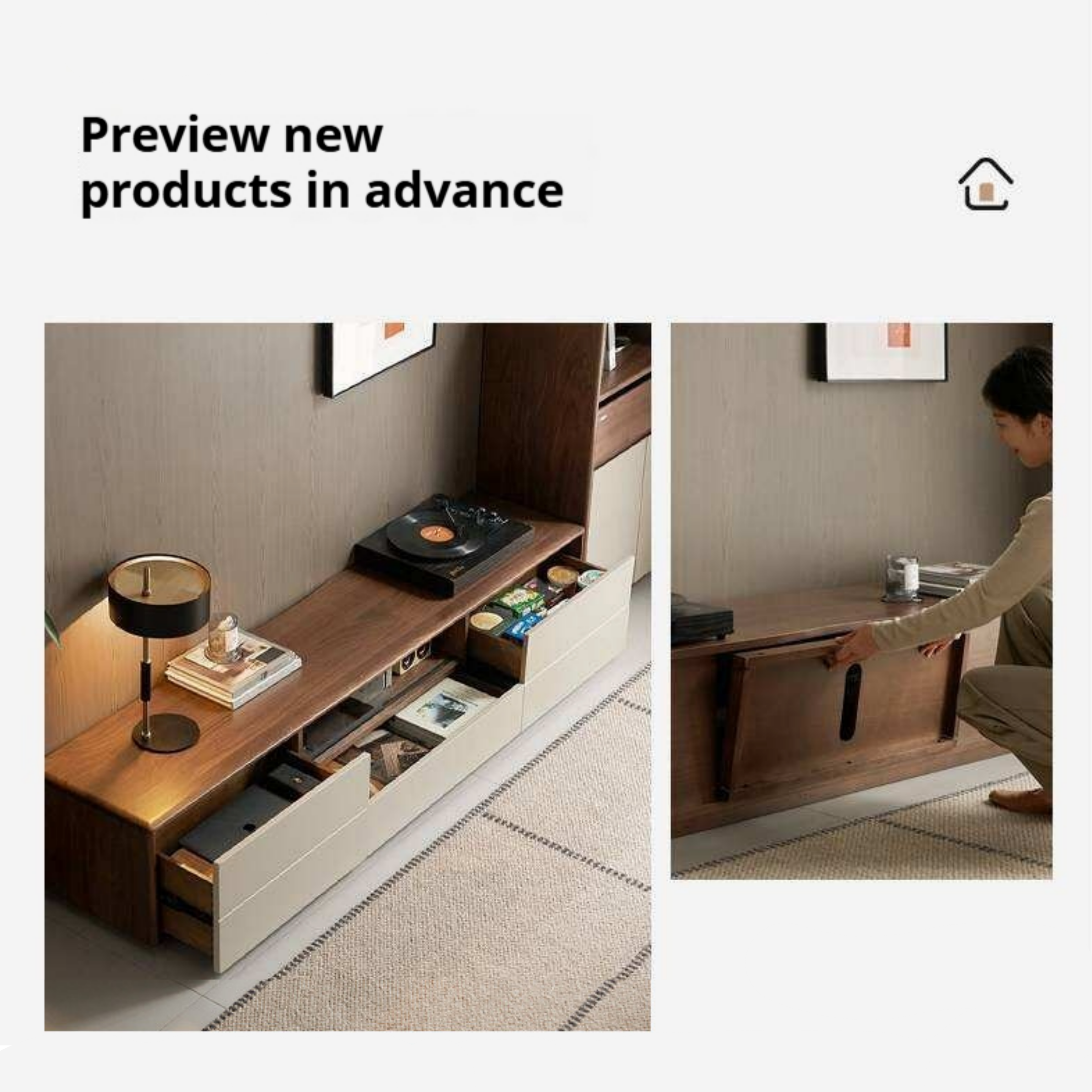 Black Walnut Solid Wood Low Profile TV Stand, Italian Modern Color Block Media Console with Storage