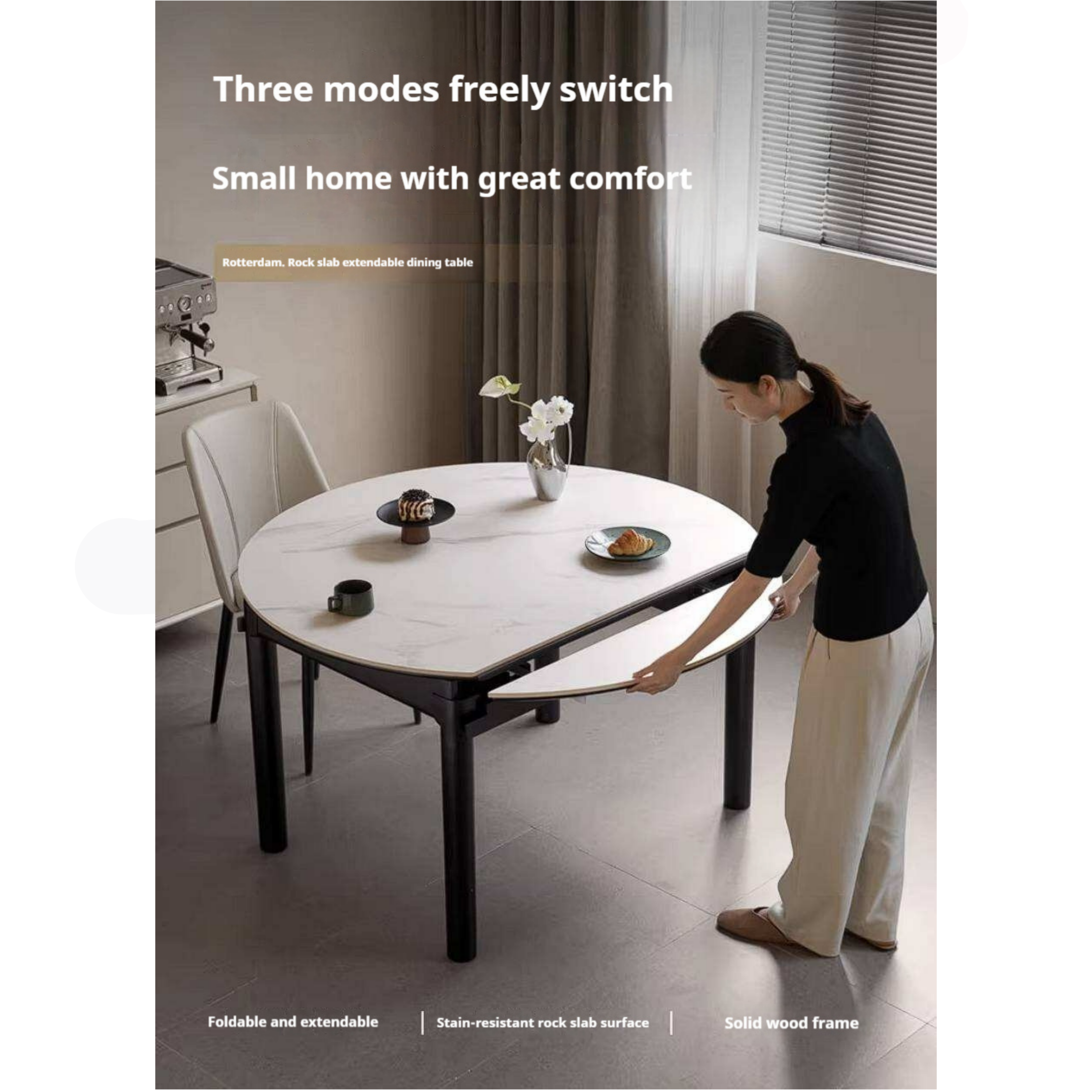 Rubberwood Solid Wood Extendable Round Dining Table with Stone Top