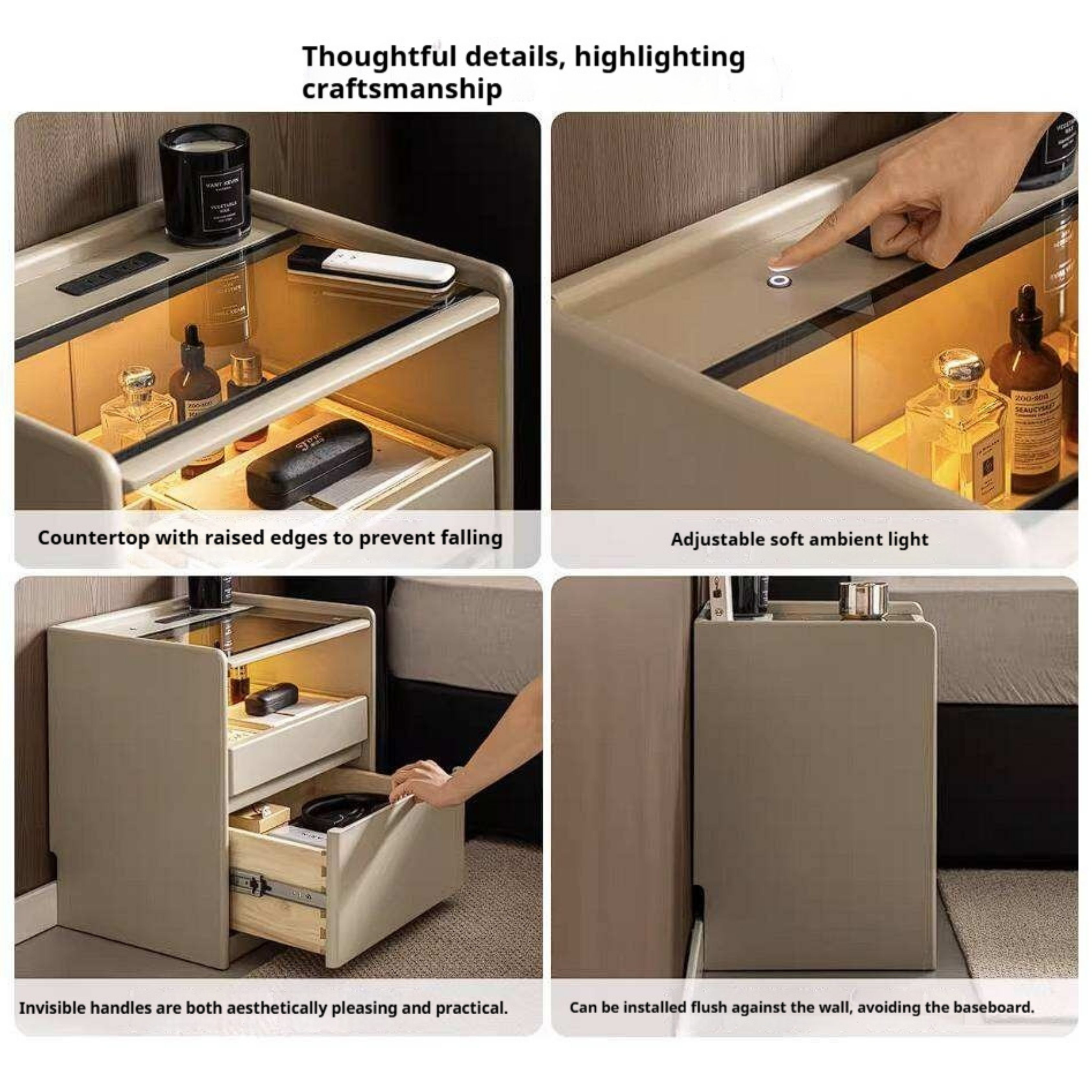 Rubberwood Solid Wood Taupe Nightstand with Tempered Glass Top, Built-In Outlet, and LED-Lit Organizer Drawer