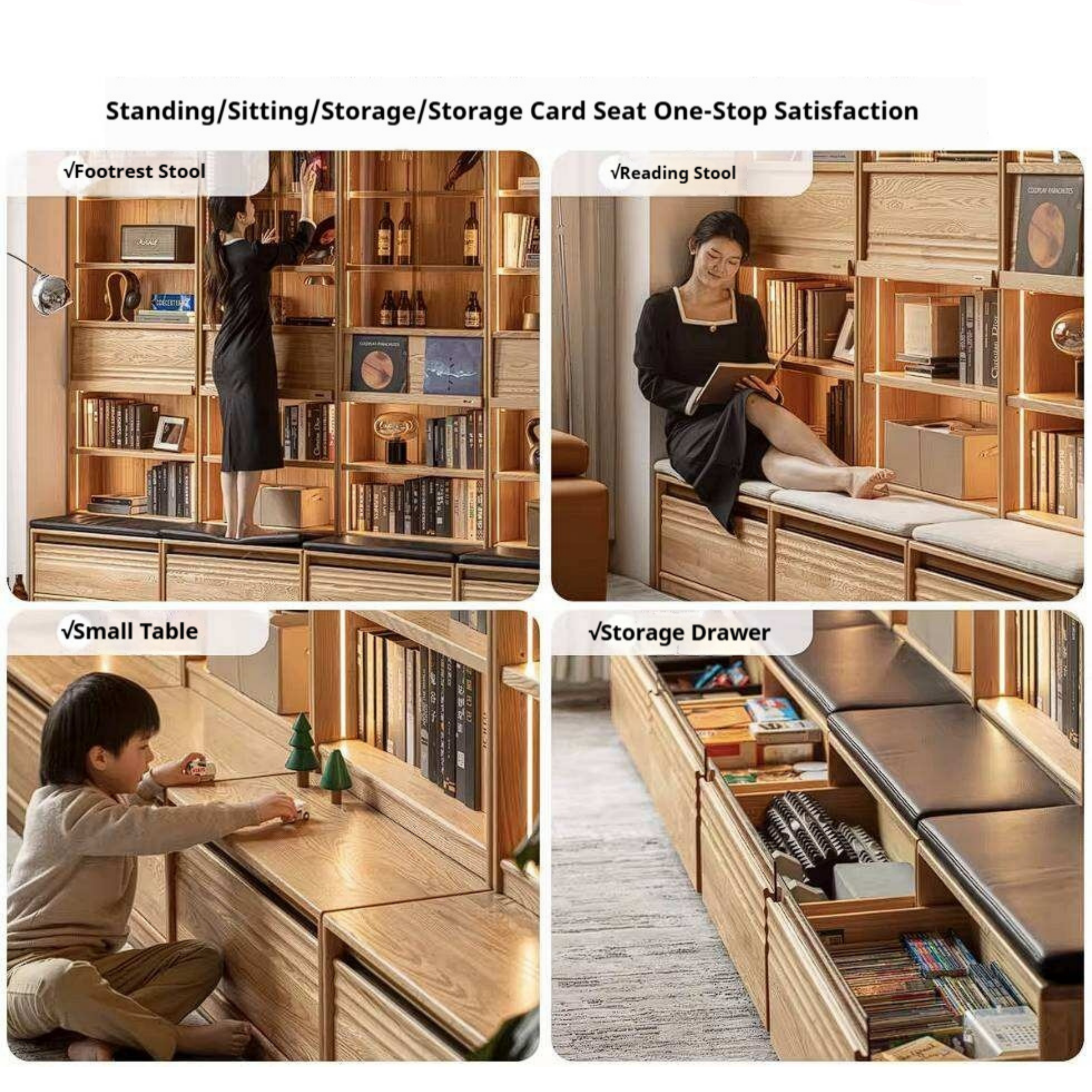 Oak Solid Wood Bookshelf with Integrated Booth Seating