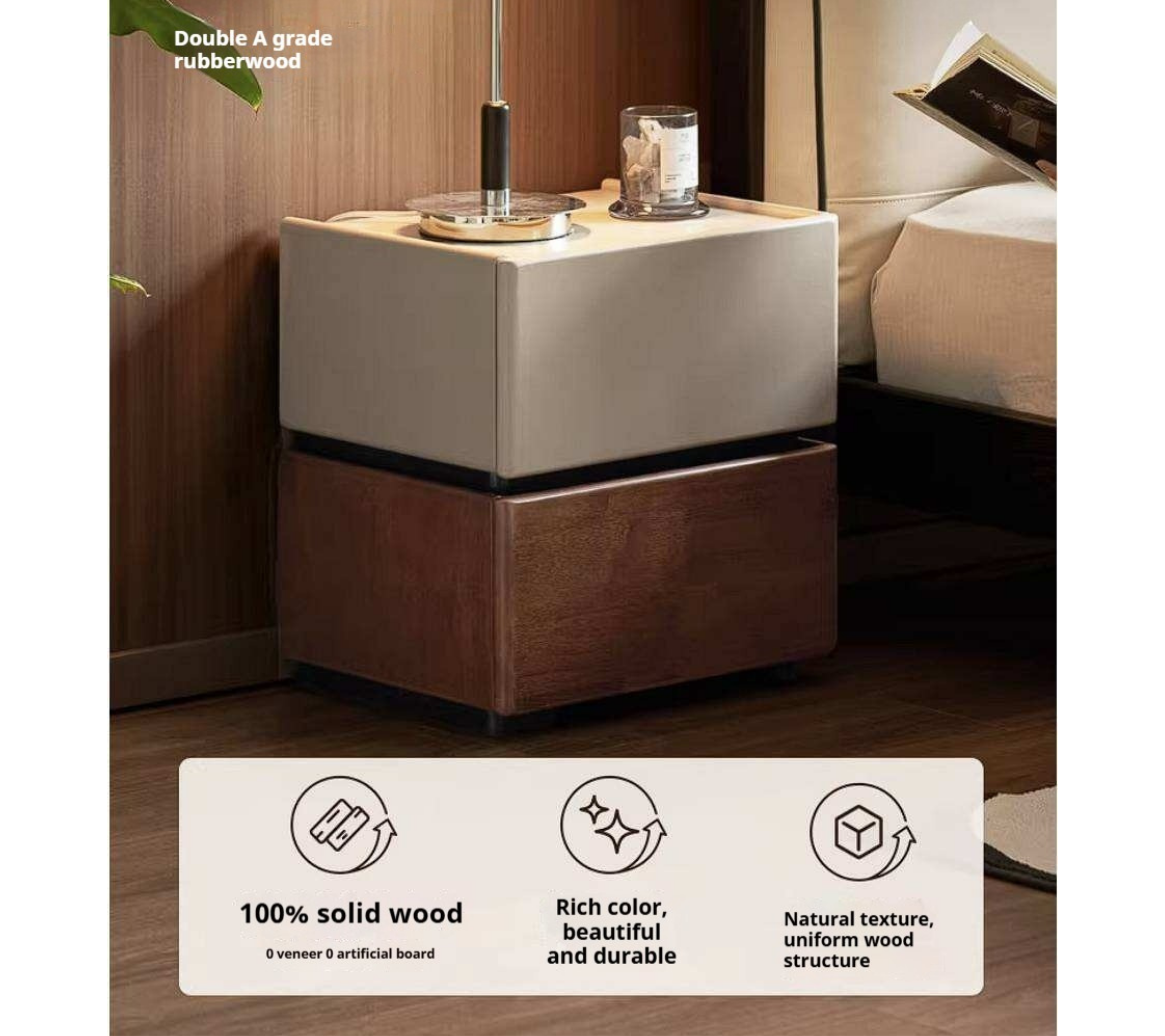 Solid RubberWood, Tulipwood Solid Wood Nightstand with Modern Simple Storage