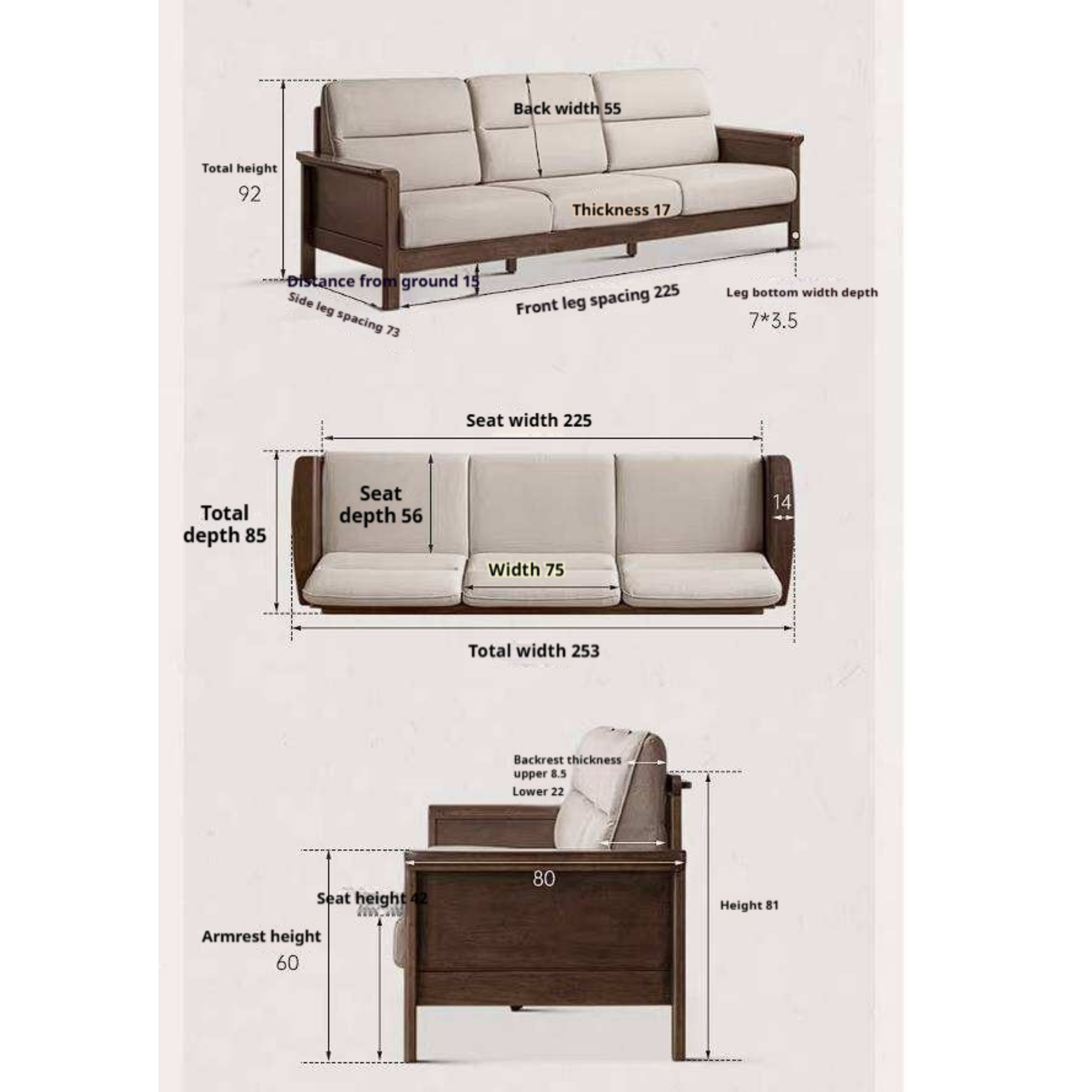 Golden Sandalwood Solid Wood Sofa with Soft Fabric Cushions