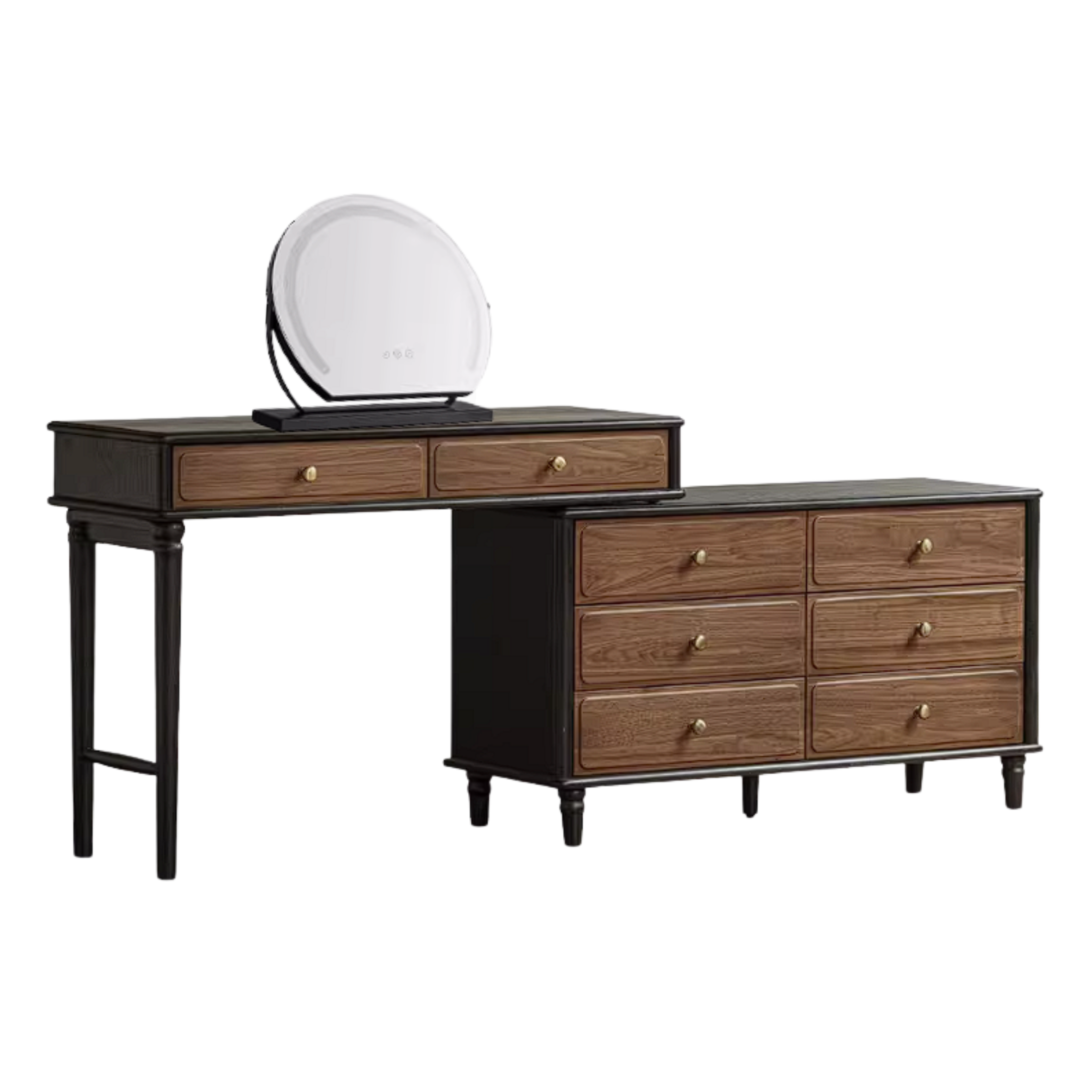 Black Walnut, Oak Solid Wood Extendable Vanity Desk and 6-Drawer Dresser Combo