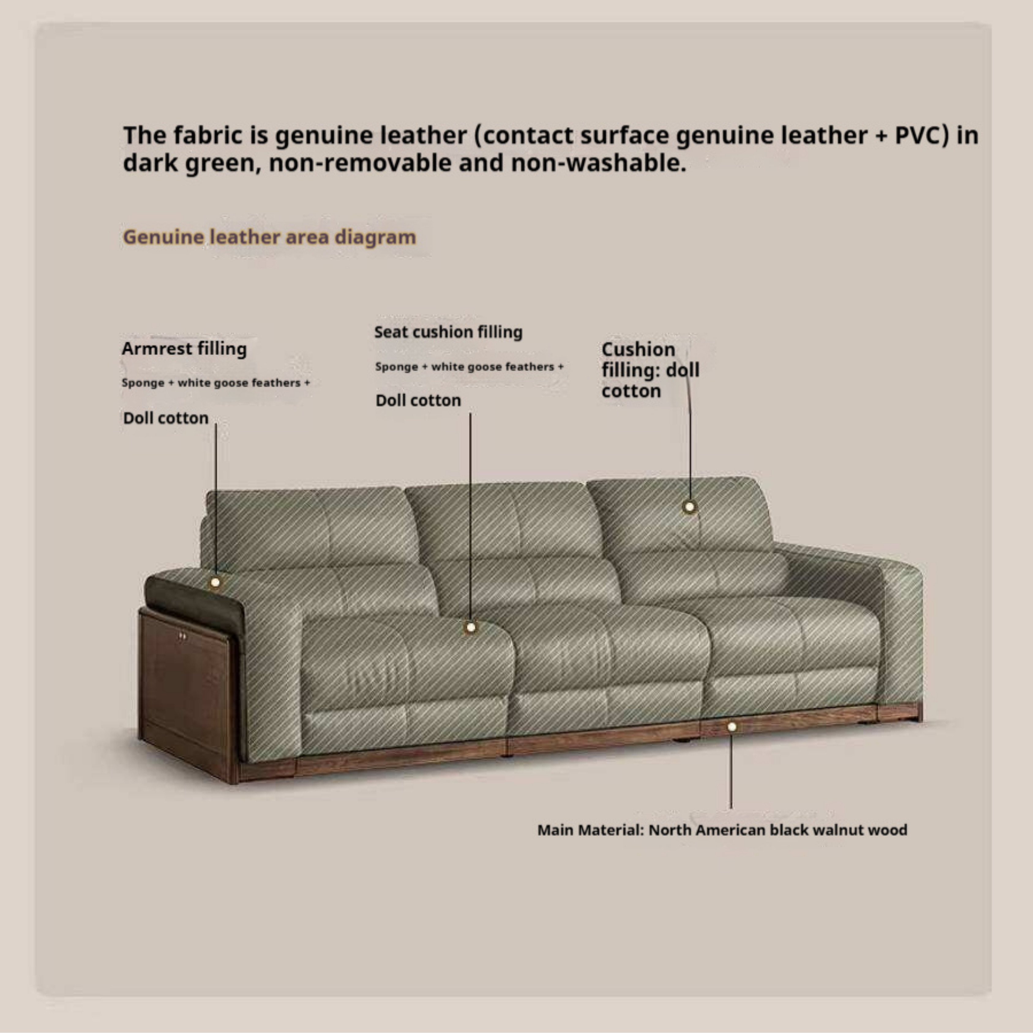 Black Walnut Solid Wood Genuine Leather Reclining Sofa with Zero Wall Clearance