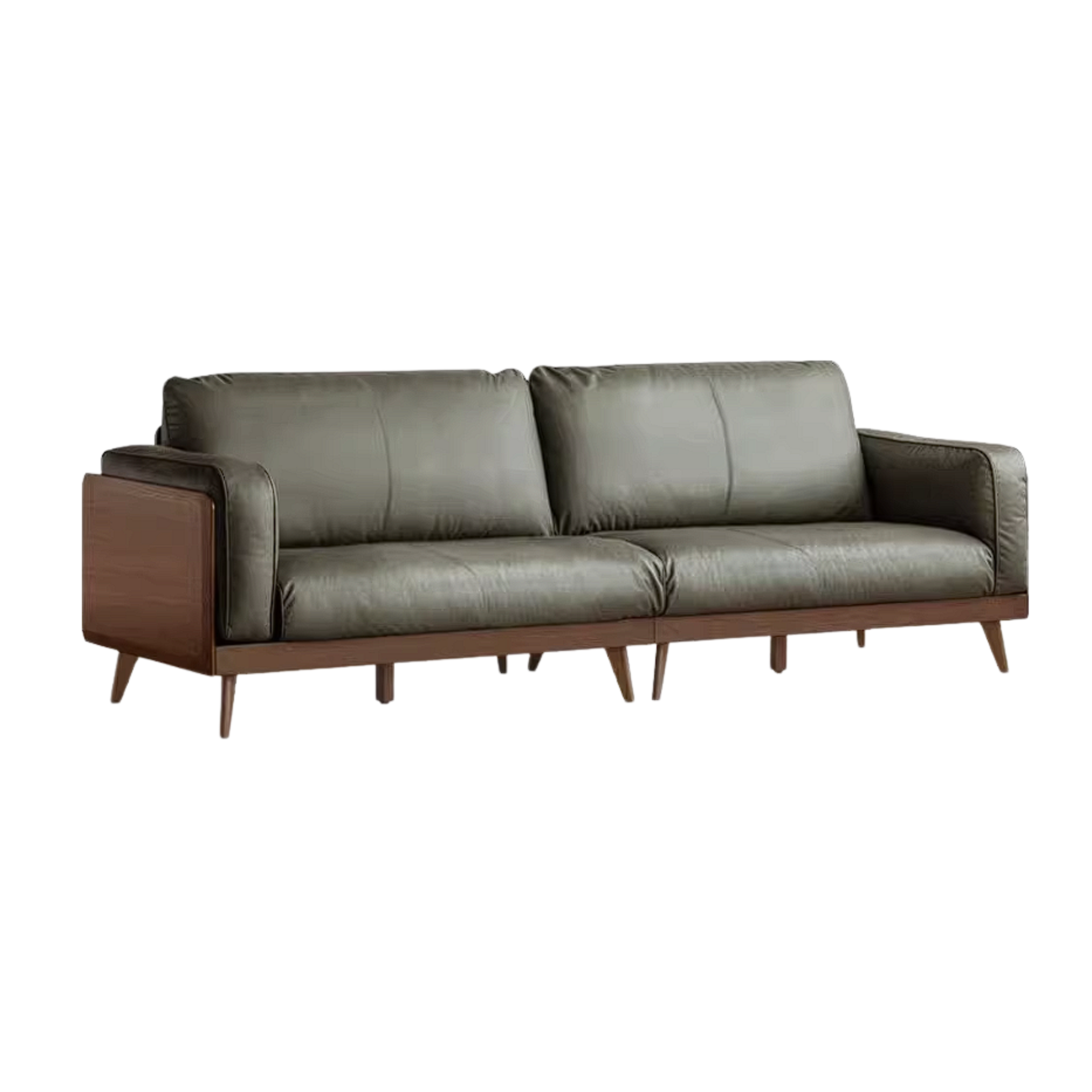 Rubberwood Solid Wood Genuine leather Sofa with Deep Seats and Slim Walnut Frame