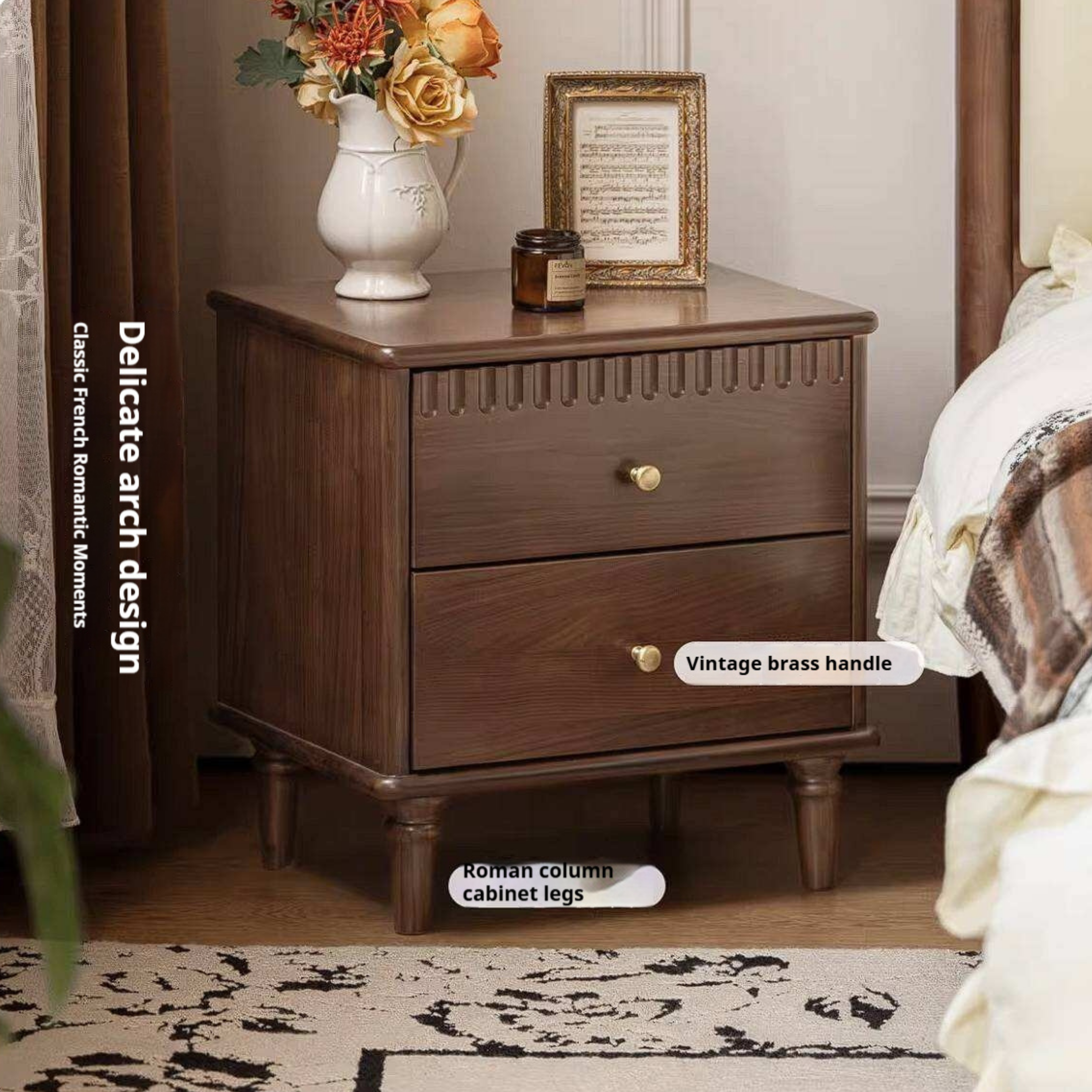 Black Walnut Solid Wood Bedside Table with French Retro Storage