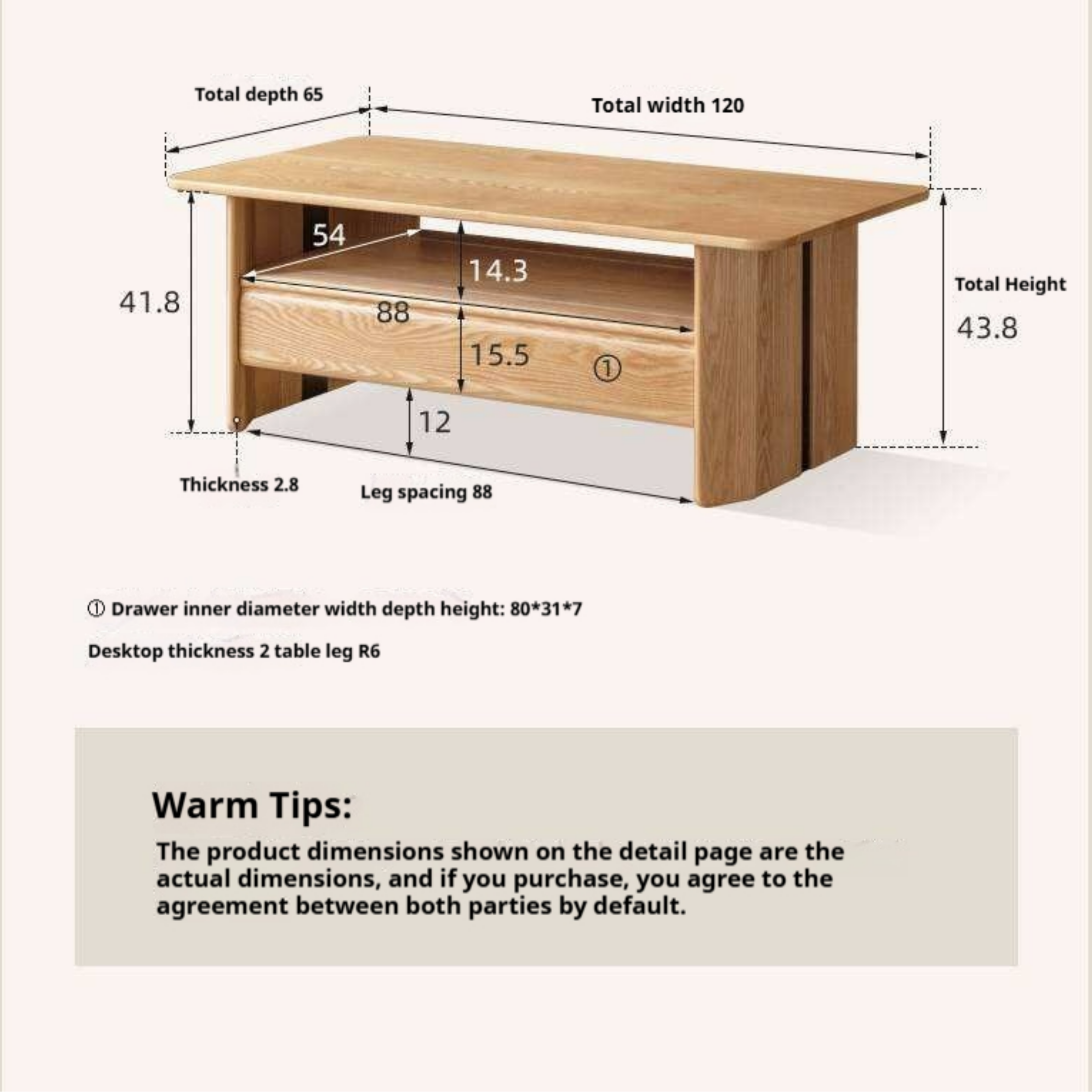 Ash Solid Wood Coffee Table with Two-Level Storage and Minimalist Design
