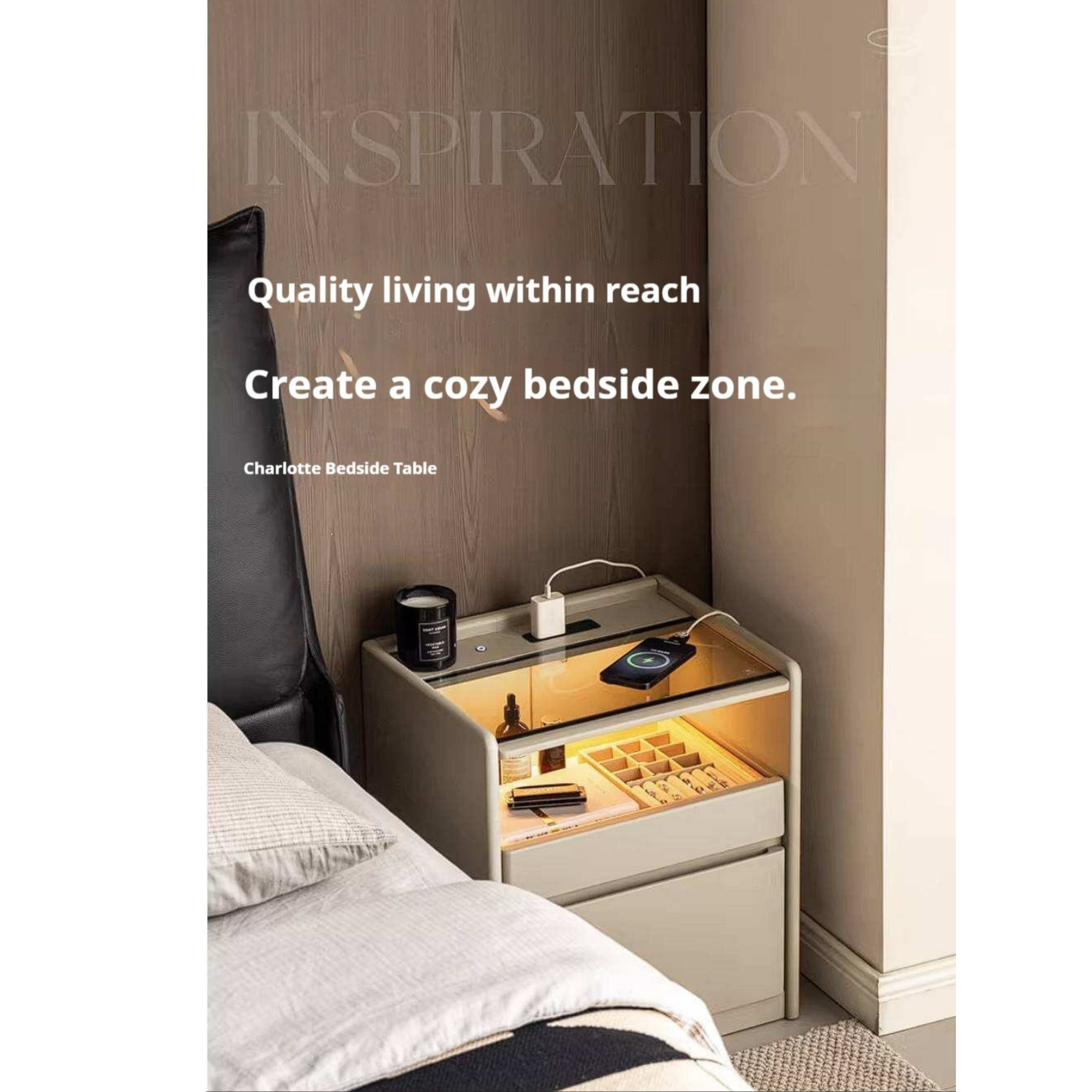 Rubberwood Solid Wood Taupe Nightstand with Tempered Glass Top, Built-In Outlet, and LED-Lit Organizer Drawer