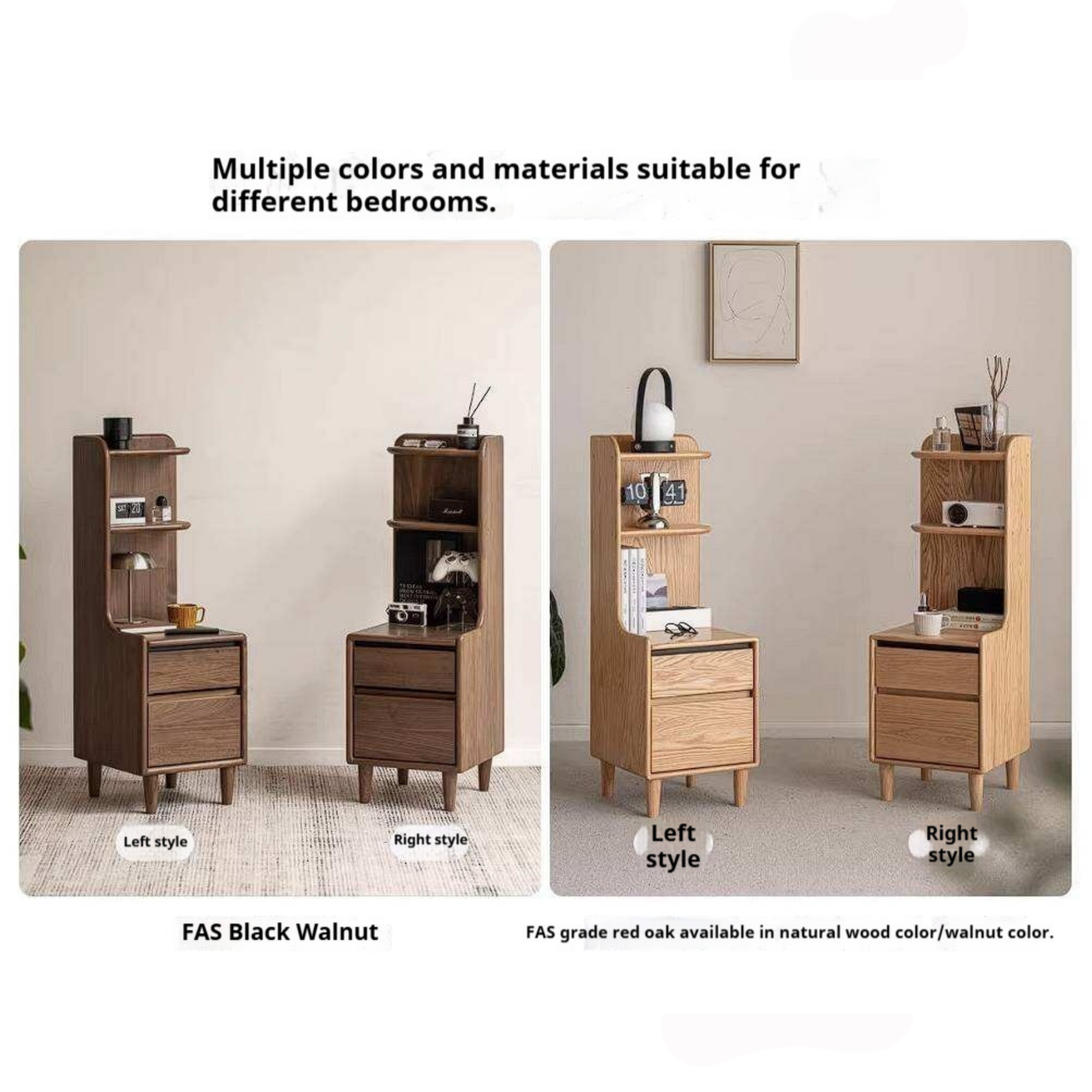 Black Walnut Solid Wood Nightstand with Drawer and Open Shelf