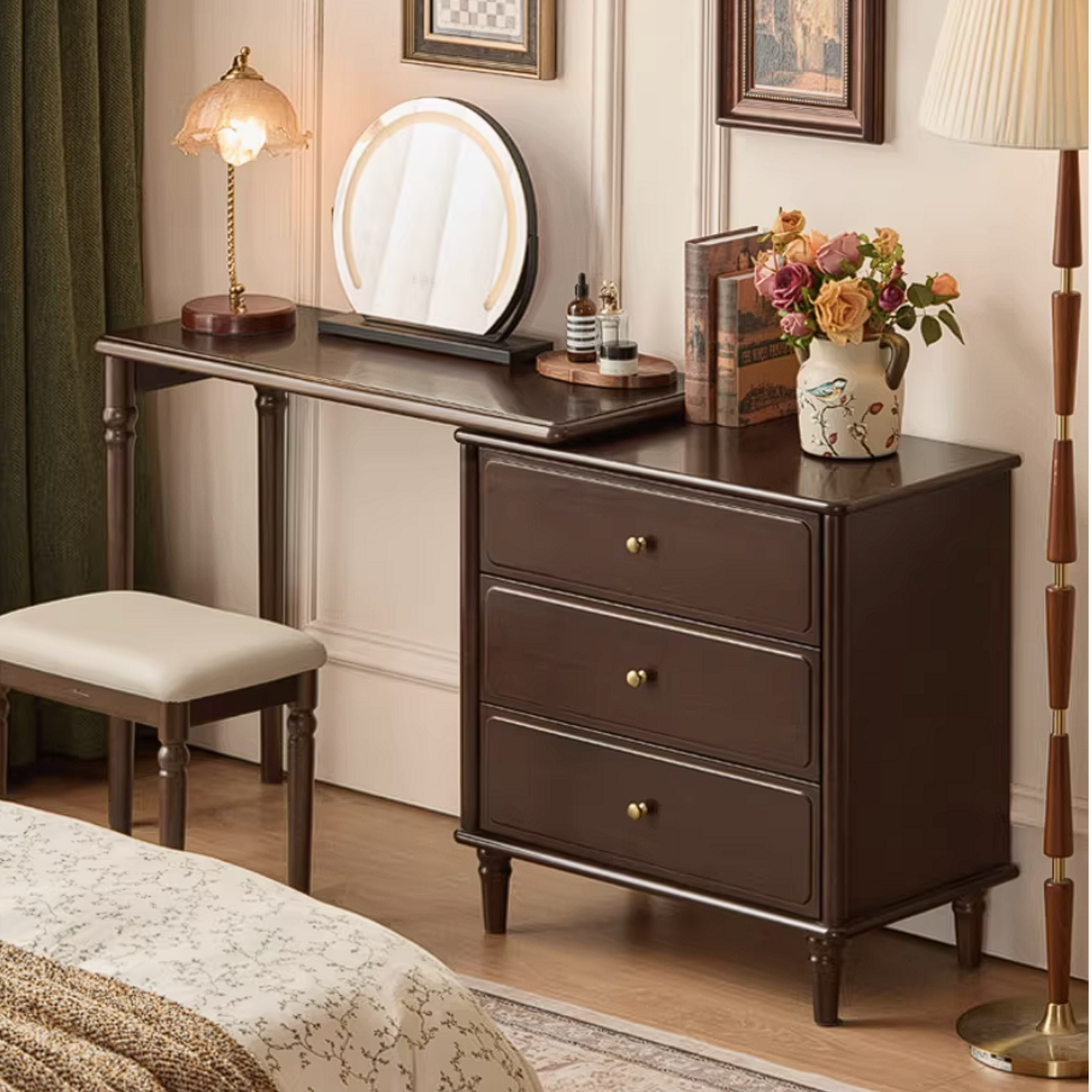 Poplar Solid Wood Vintage Extendable Vanity Desk with Round Mirror and Turned Legs